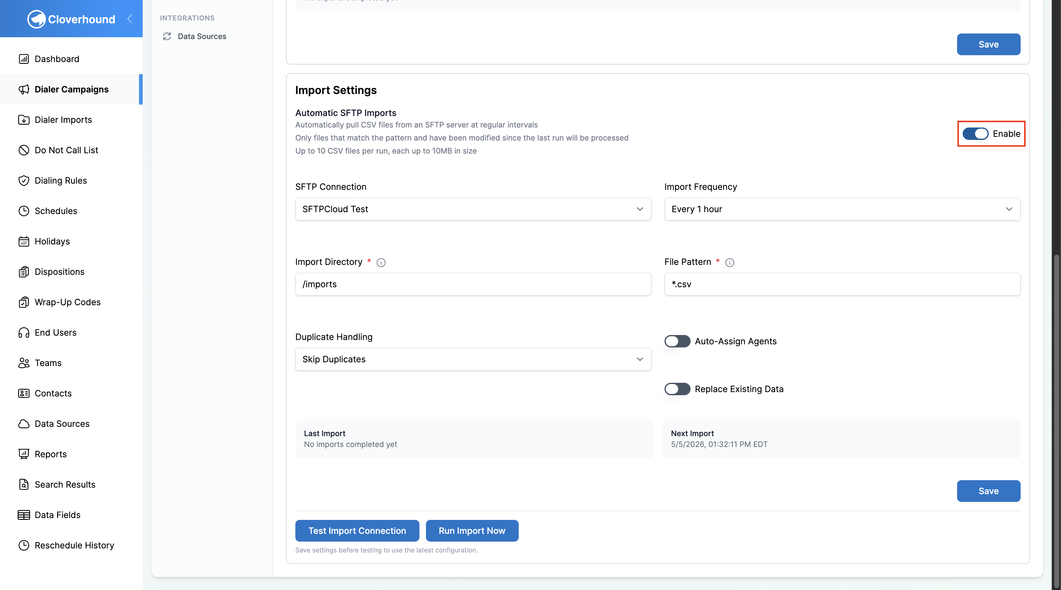 Import Settings section with Enable toggle
