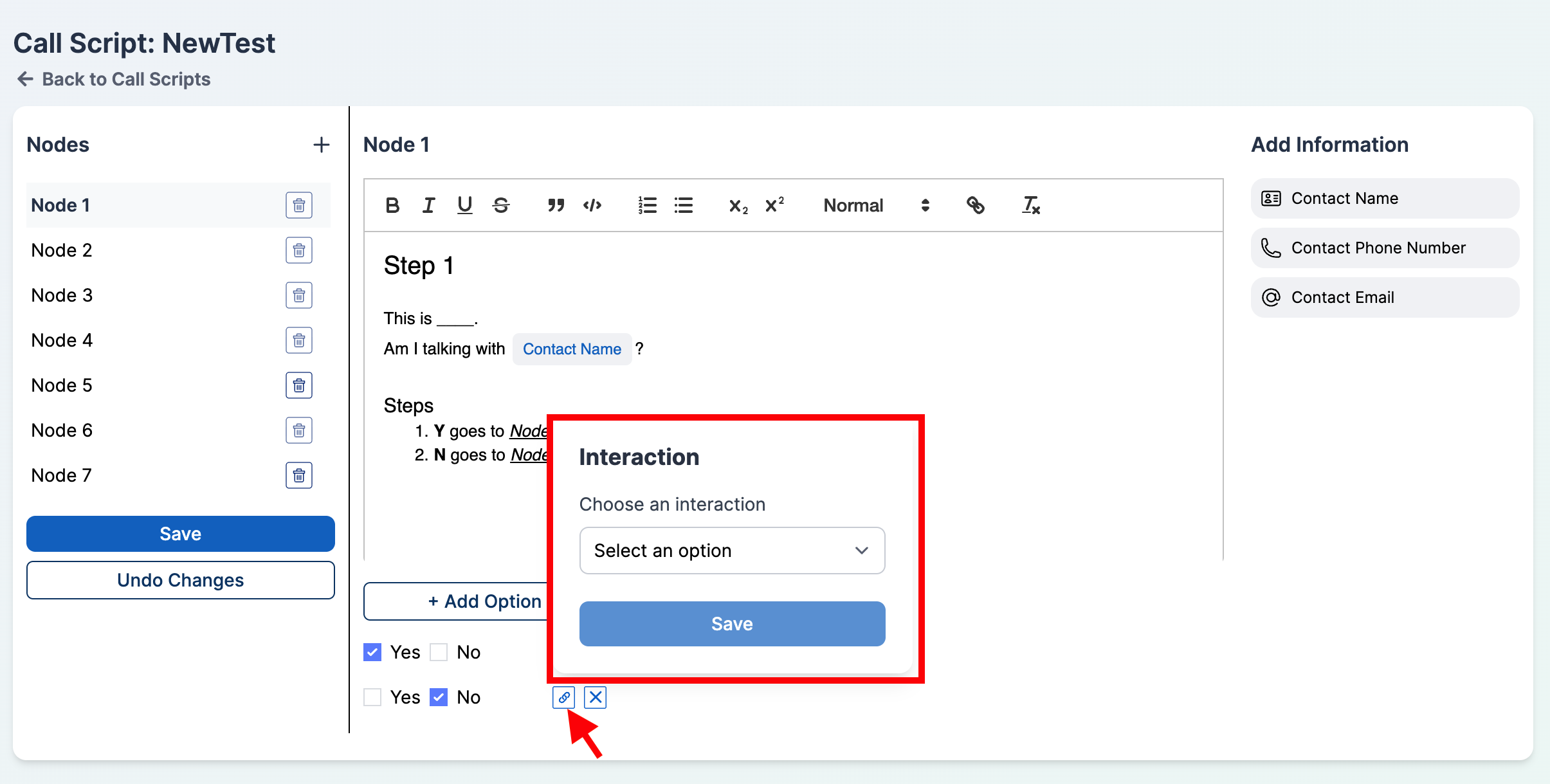 Interaction picker with Add node and New destination node options