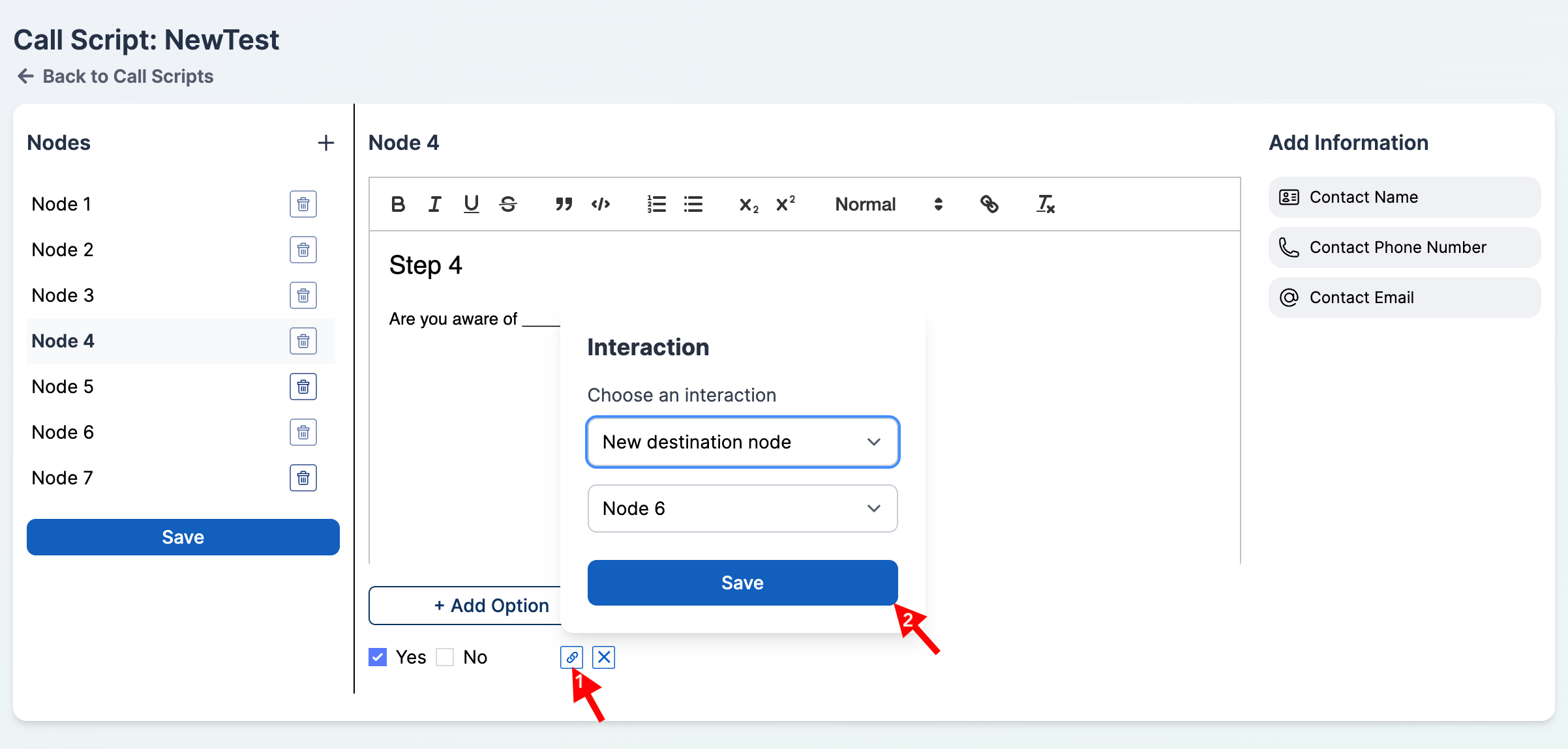 Interaction picker of New destination node options