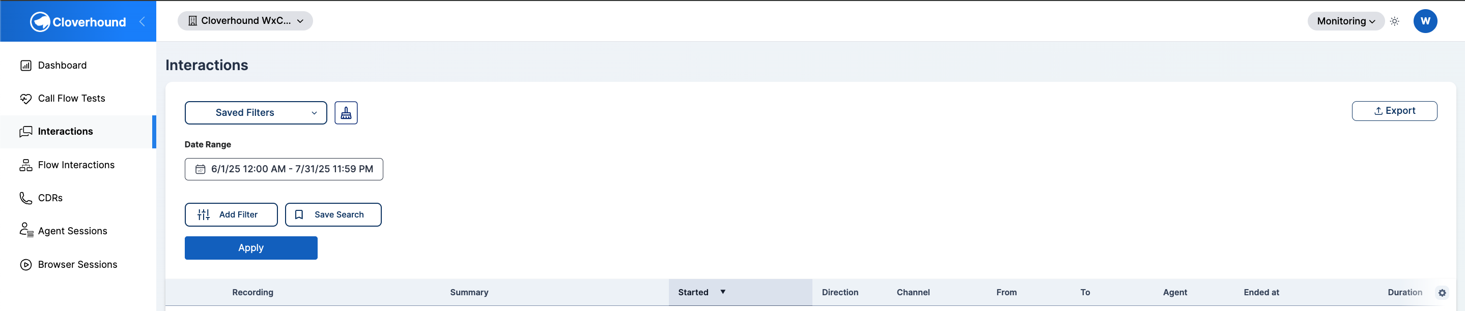 Interactions page with screen monitor filter