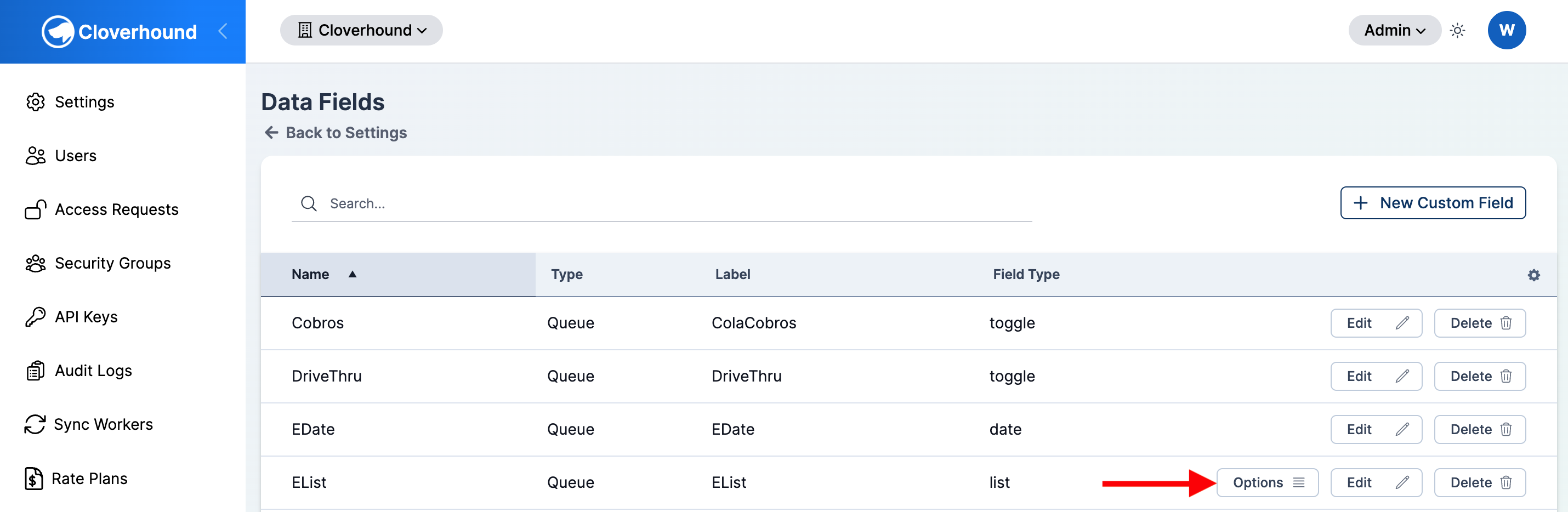 The Options button on a List field