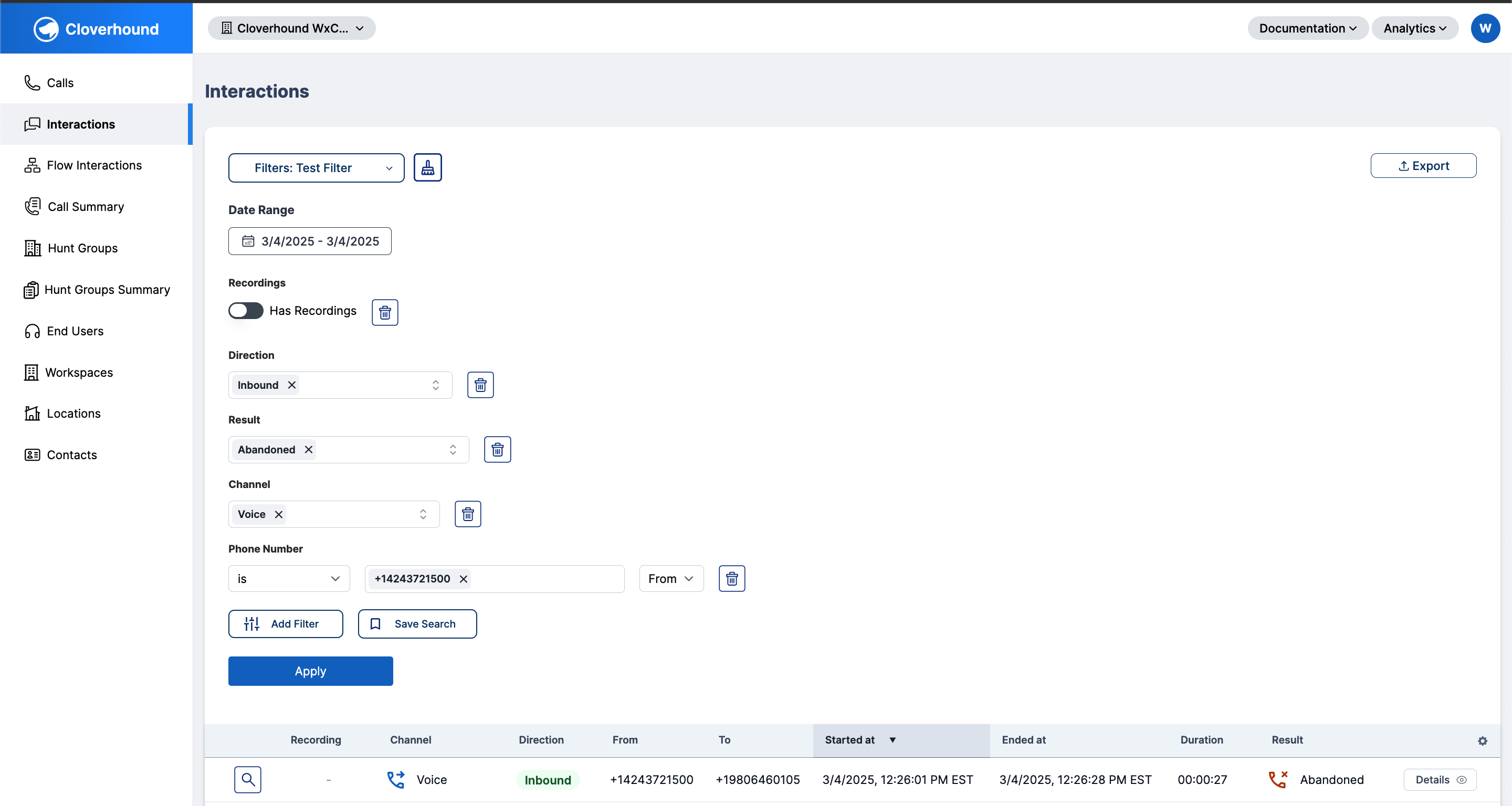 Interactions Table Loaded Saved Filter