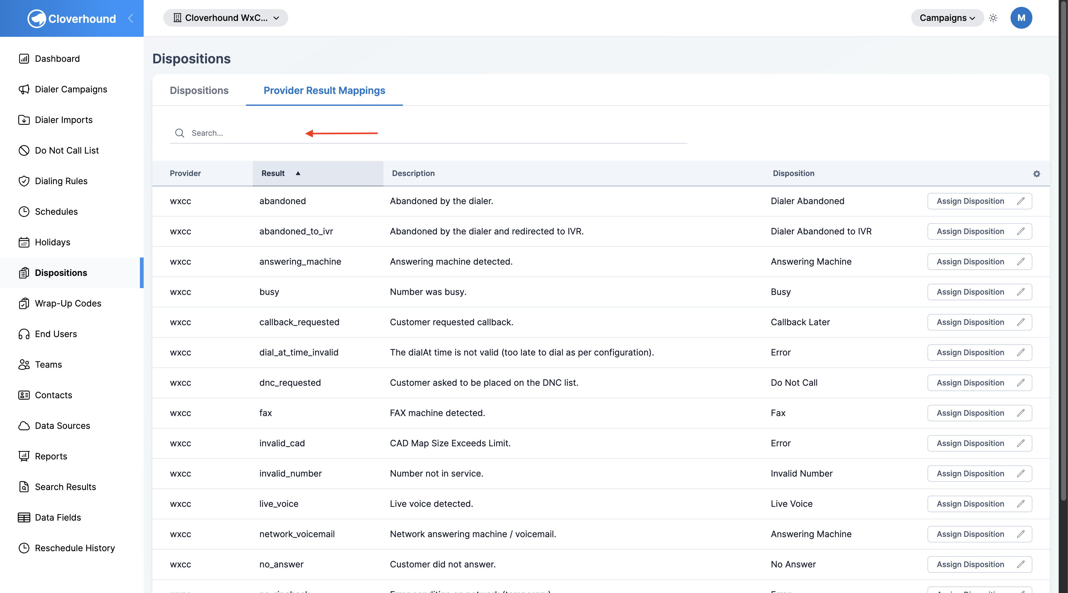 Mappings table with the search box and sortable columns