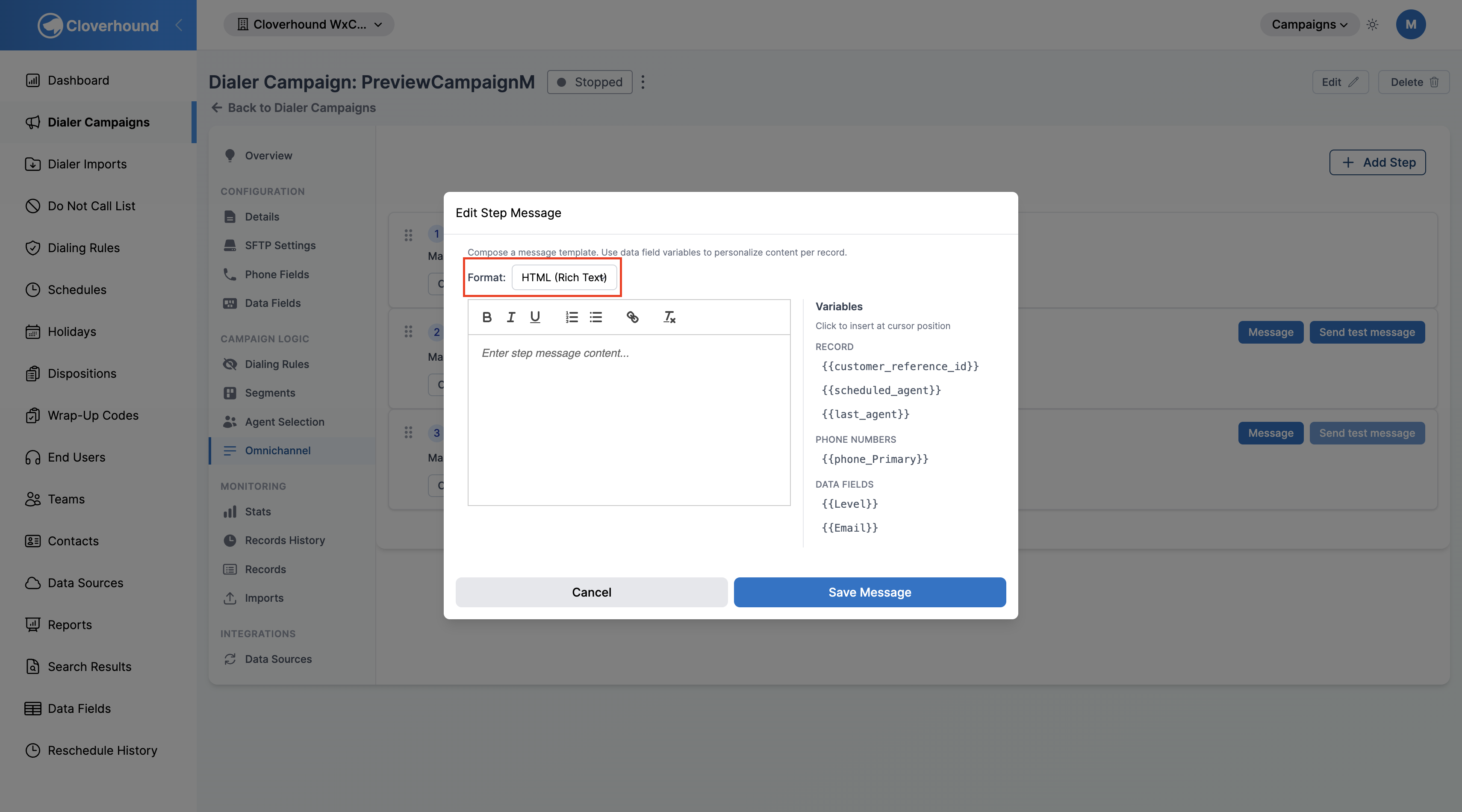 Message editor with format selector