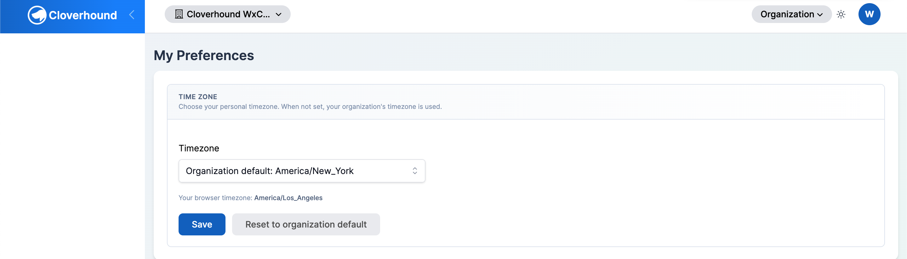 My Preferences page with the Time Zone section visible