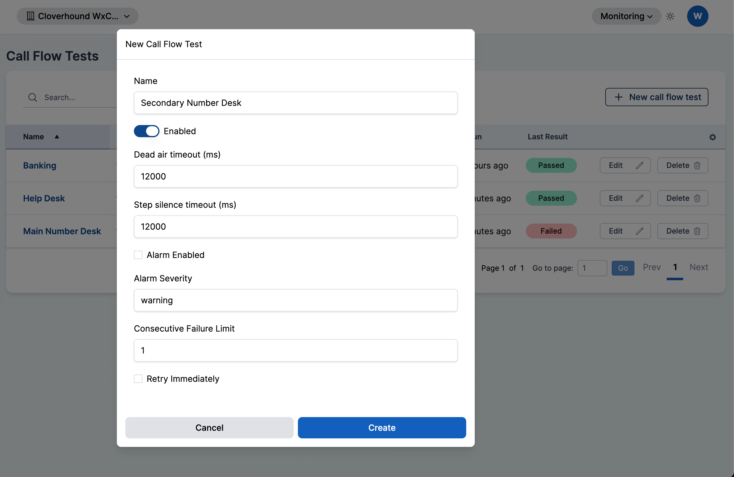 New Call Flow Test form with Name, Enabled, timeouts, alarm, and retry fields