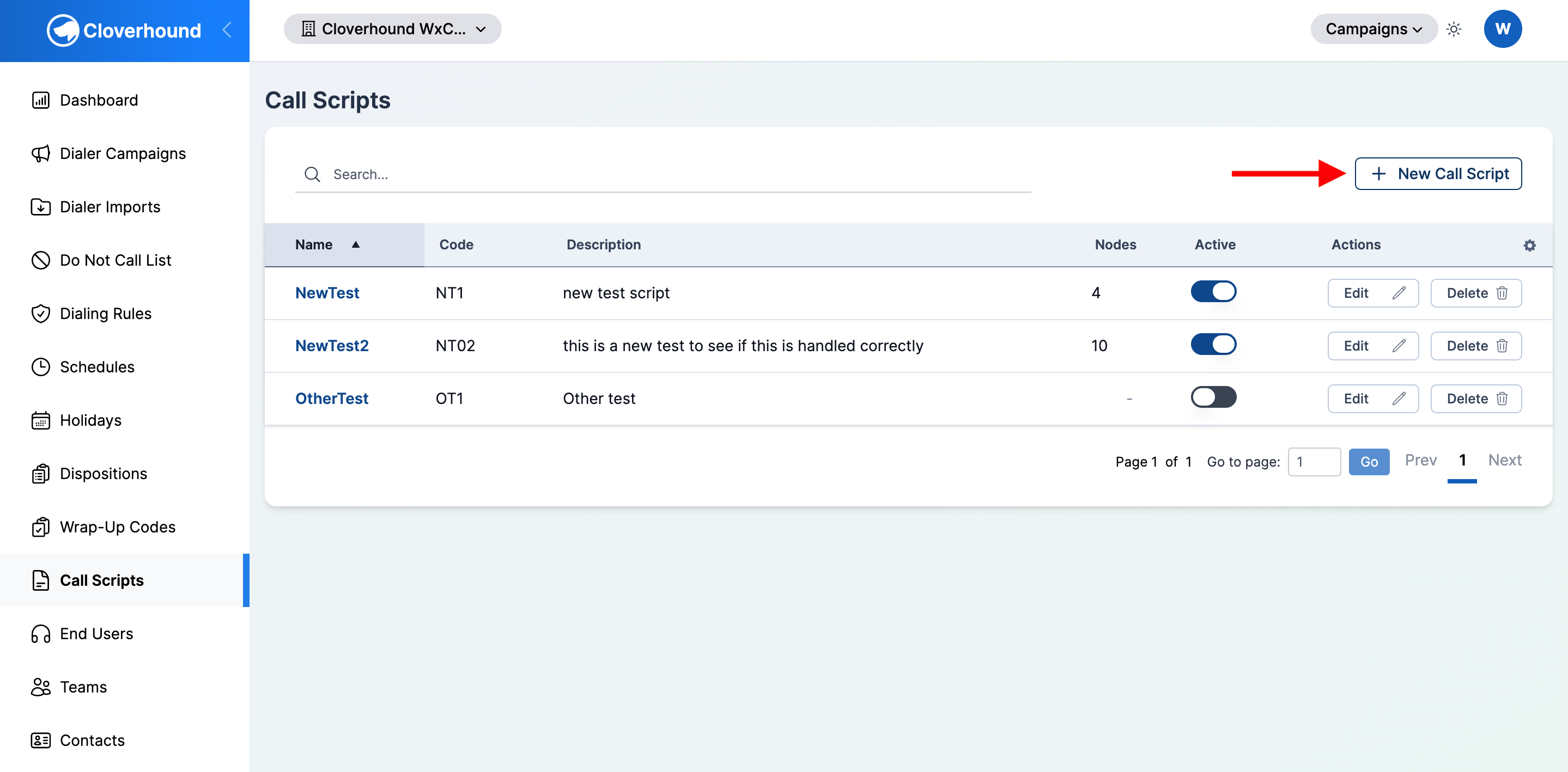 New Call Script button above the call scripts table