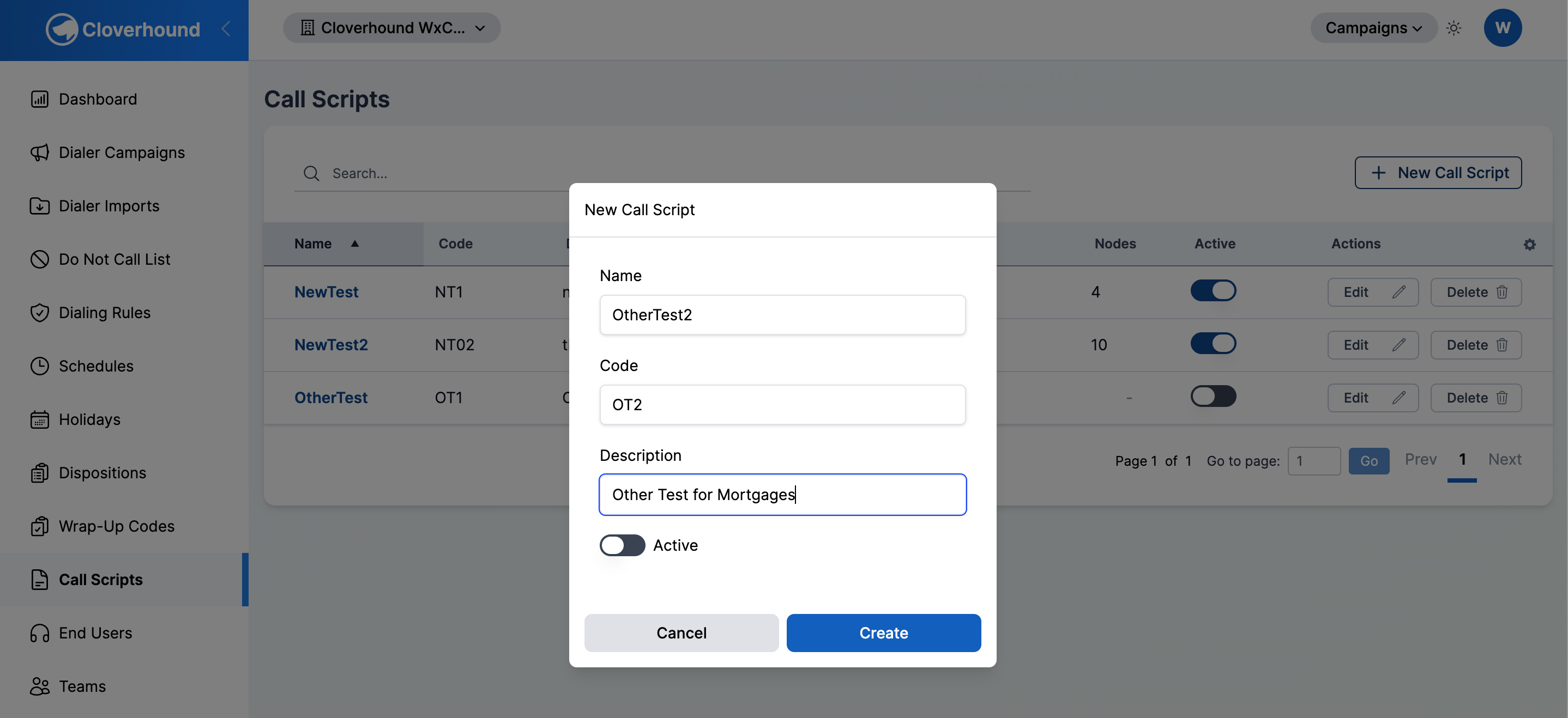 New Call Script form with Name, Code, Description, and Active fields