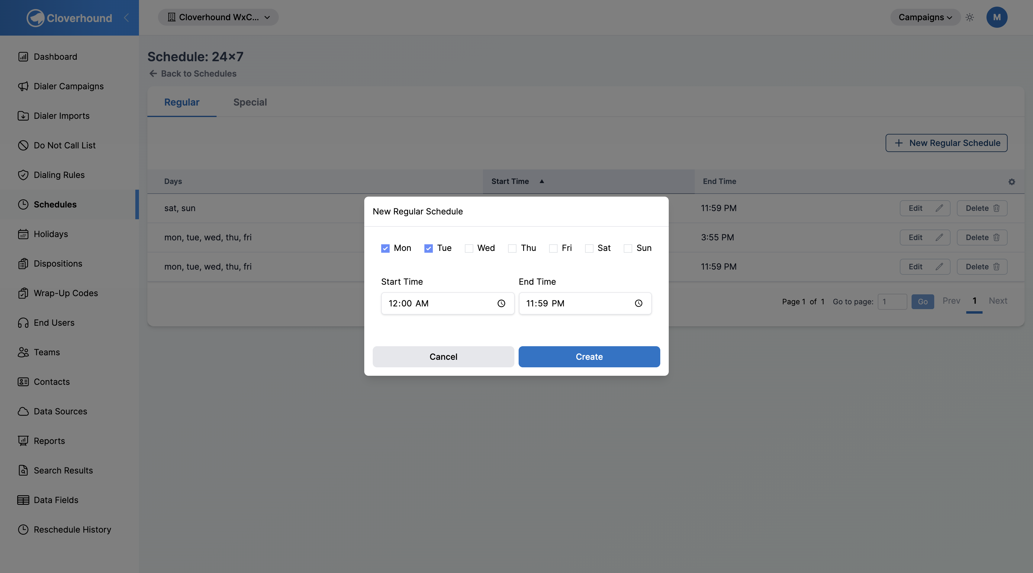 New Regular Schedule form with day checkboxes and time inputs