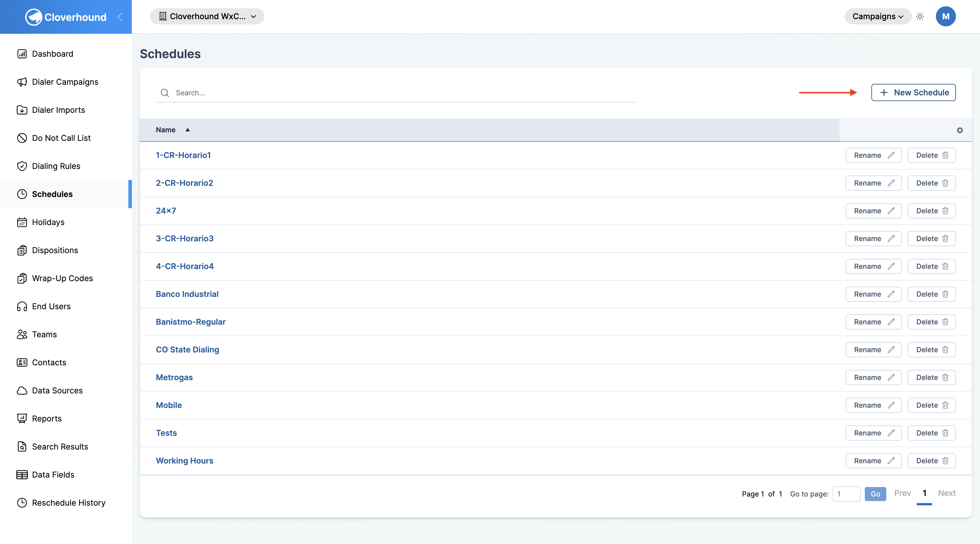 New Schedule button on the Schedules page