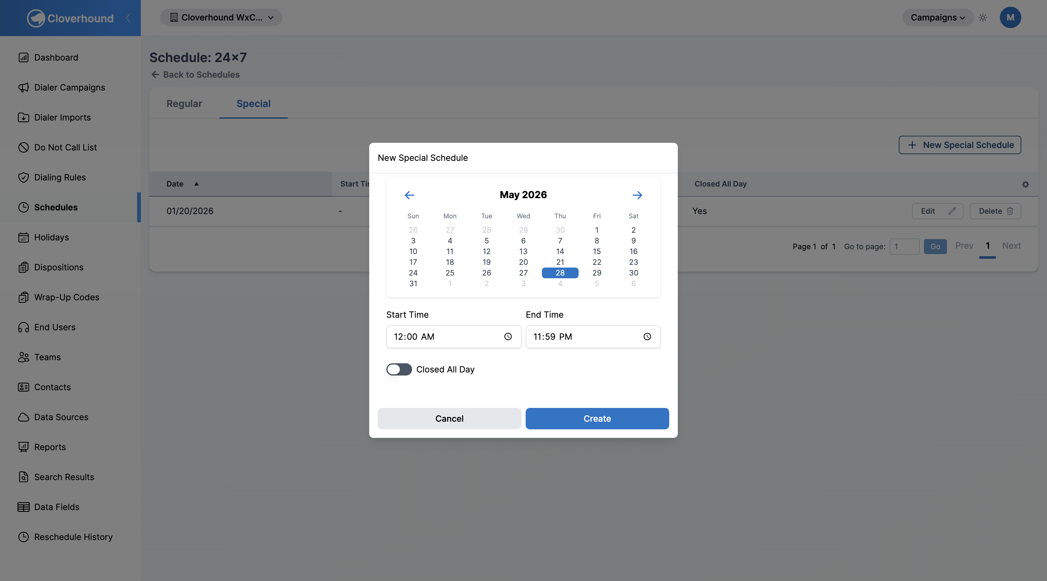 New Special Schedule form with calendar, time inputs, and Closed All Day toggle