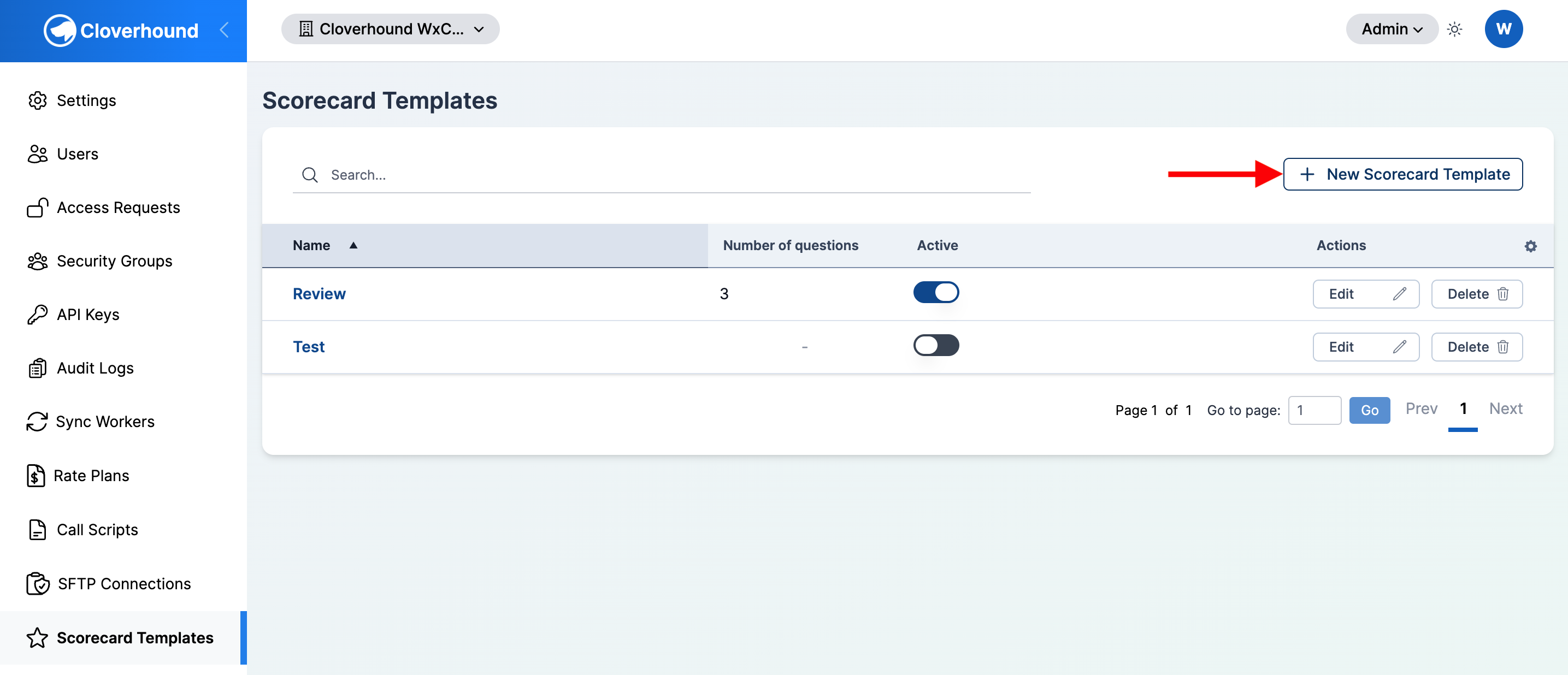 New Scorecard Template button