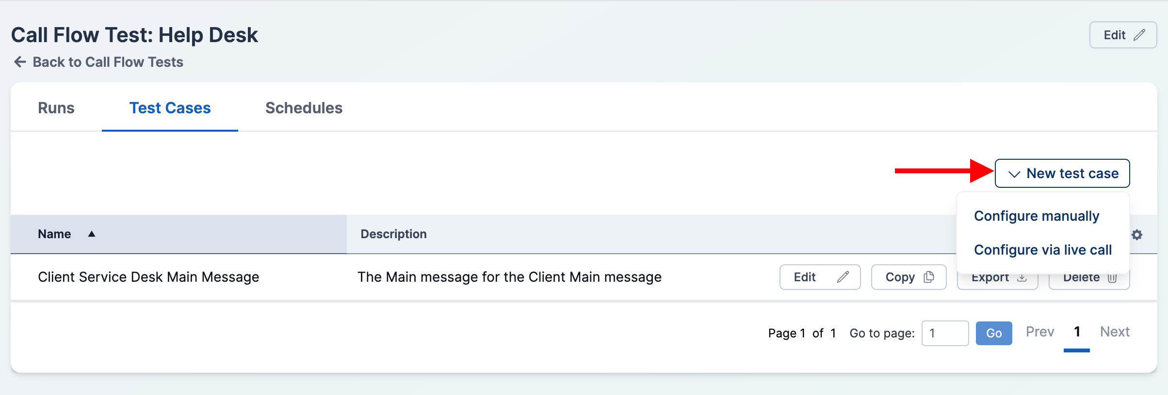 New test case dropdown