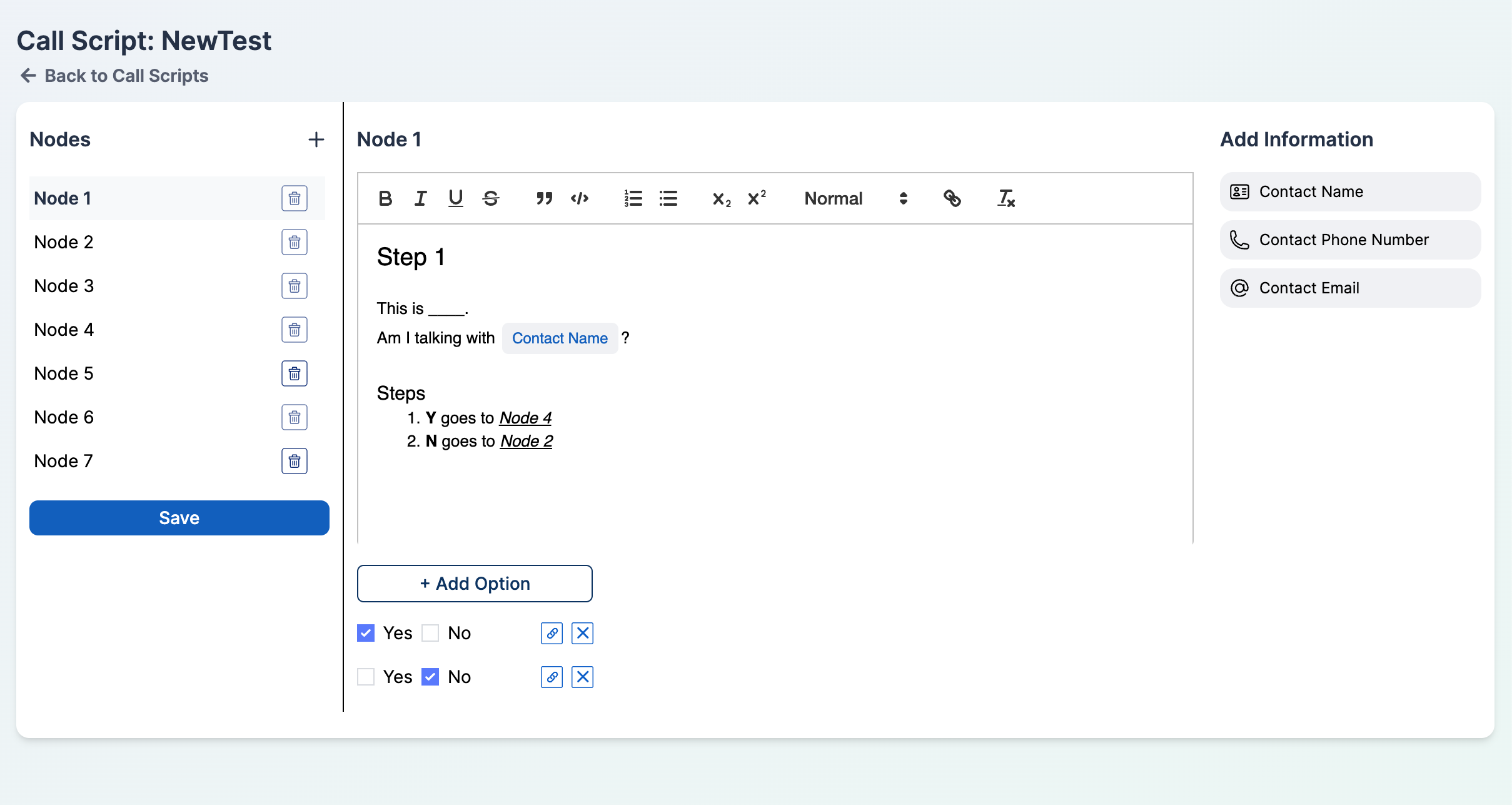 Call Script show page with the three-panel node editor