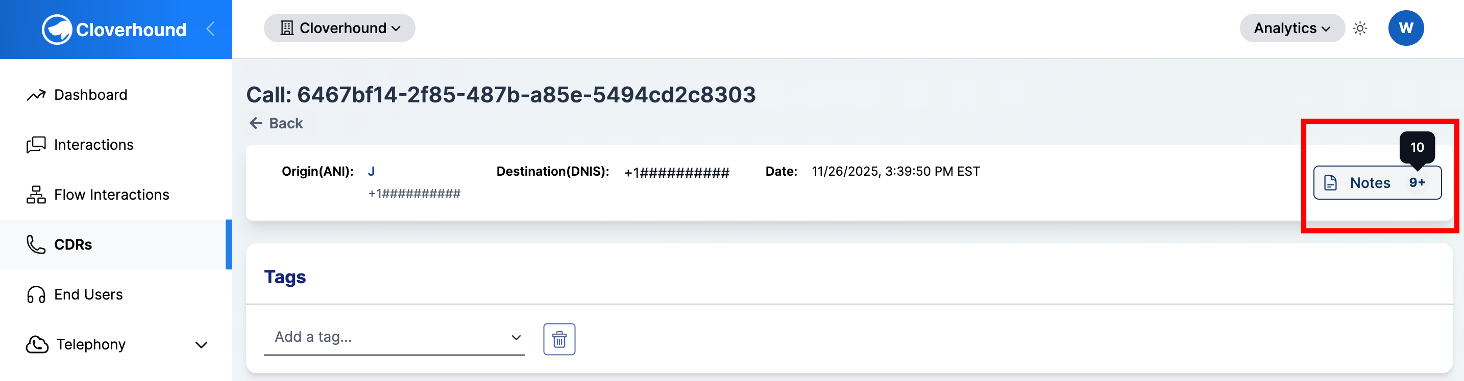 Notes Button on Call Details