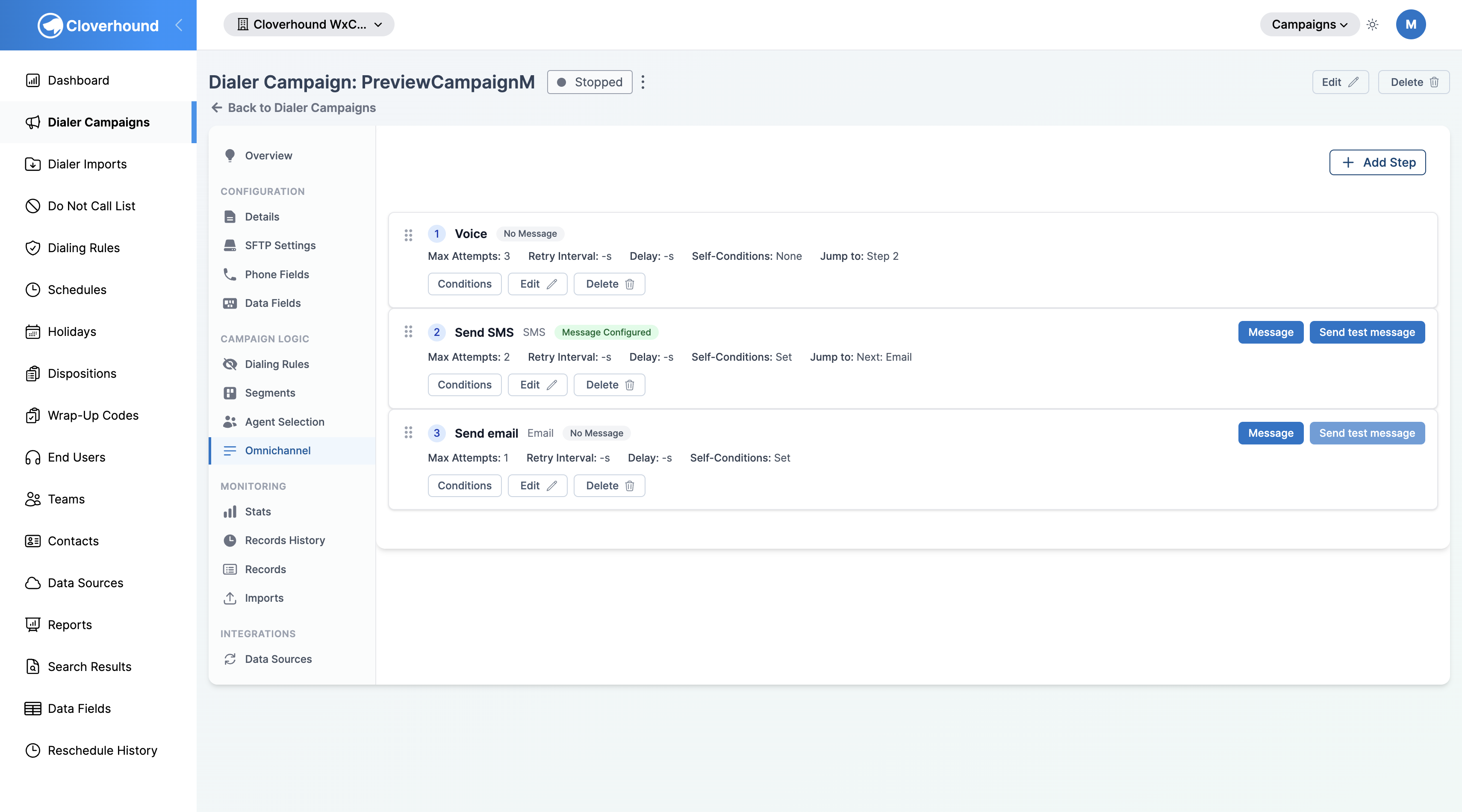Omnichannel tab on a dialer campaign