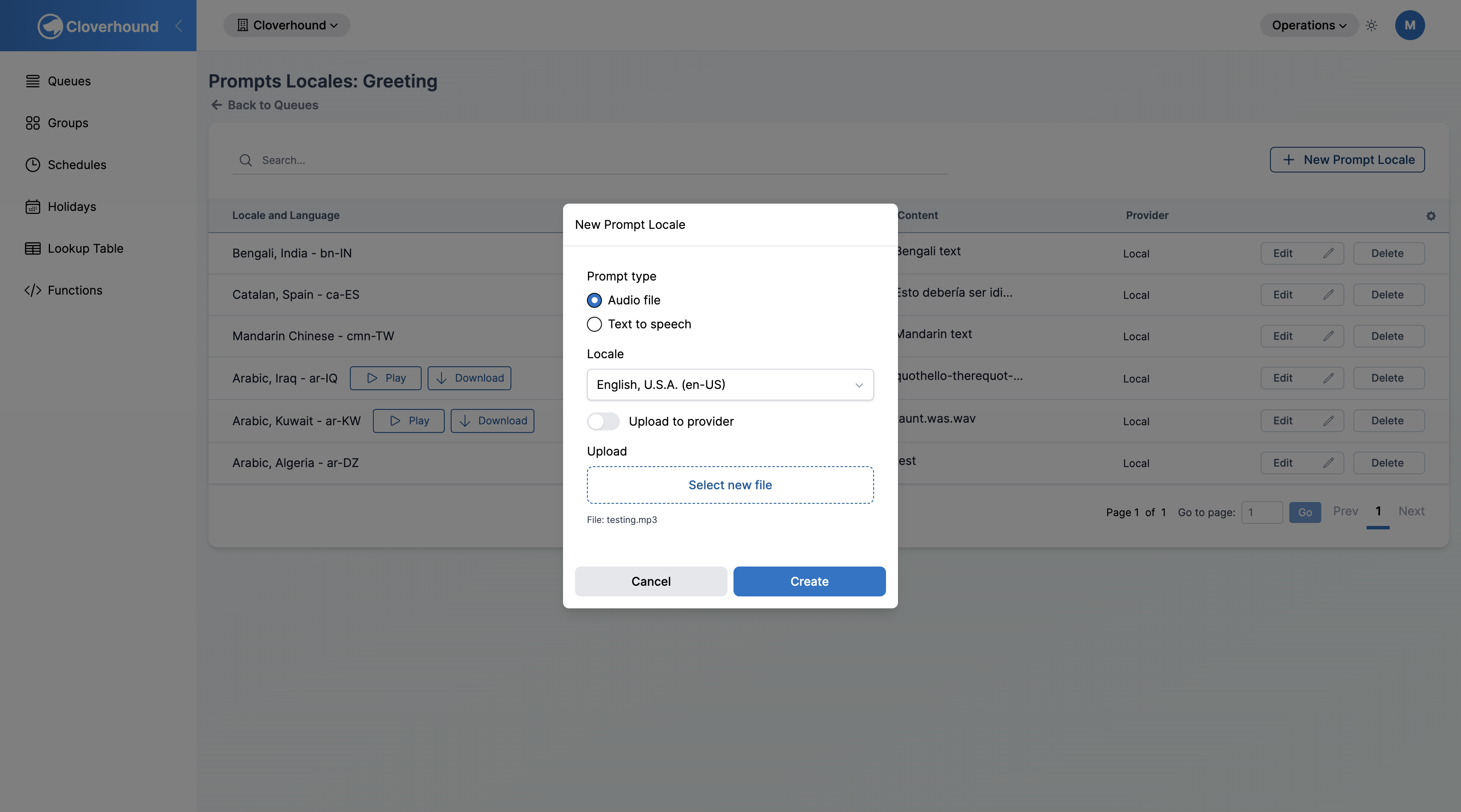 New Prompt Locale form in Audio mode with a file selected