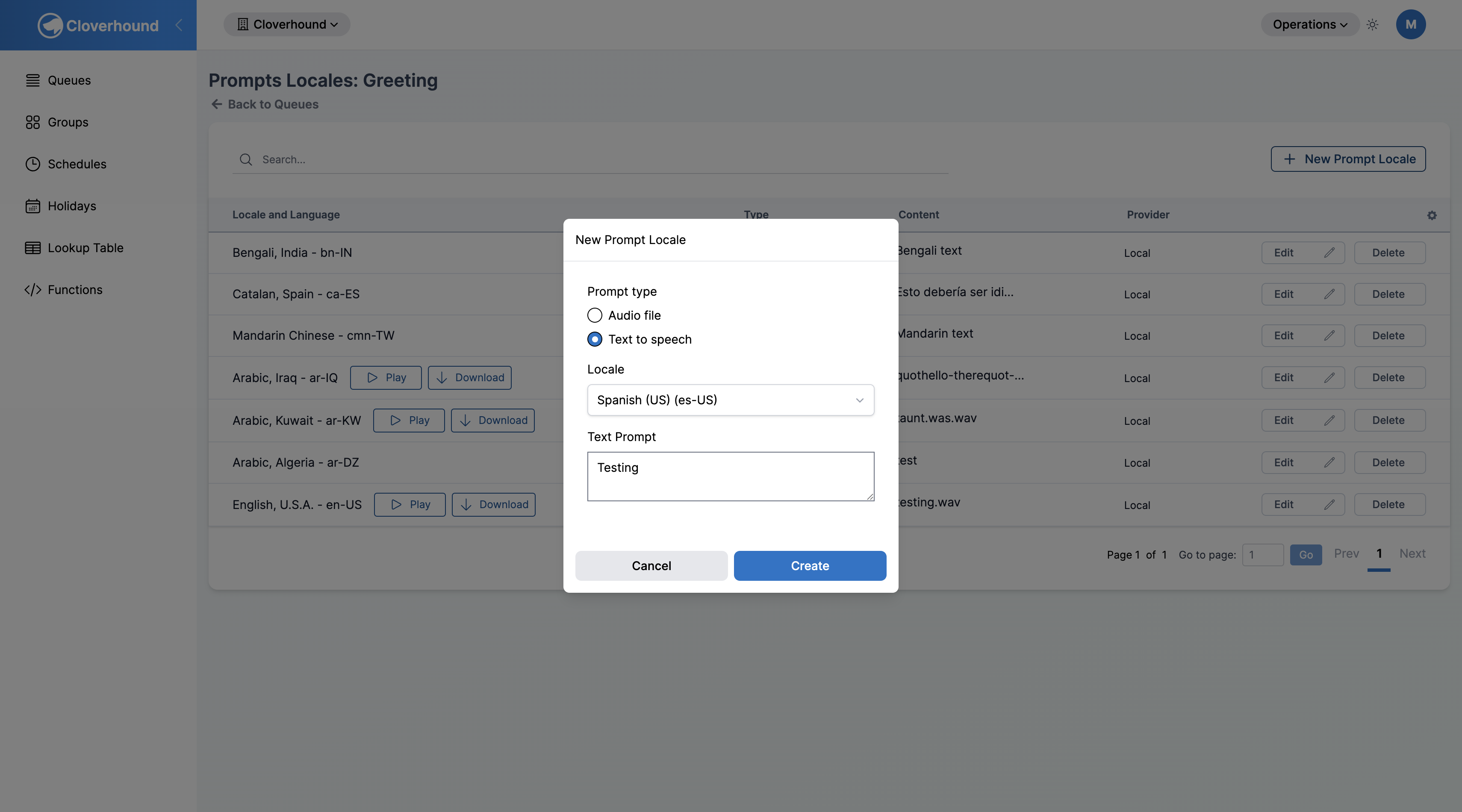 New Prompt Locale form in Text to Speech mode