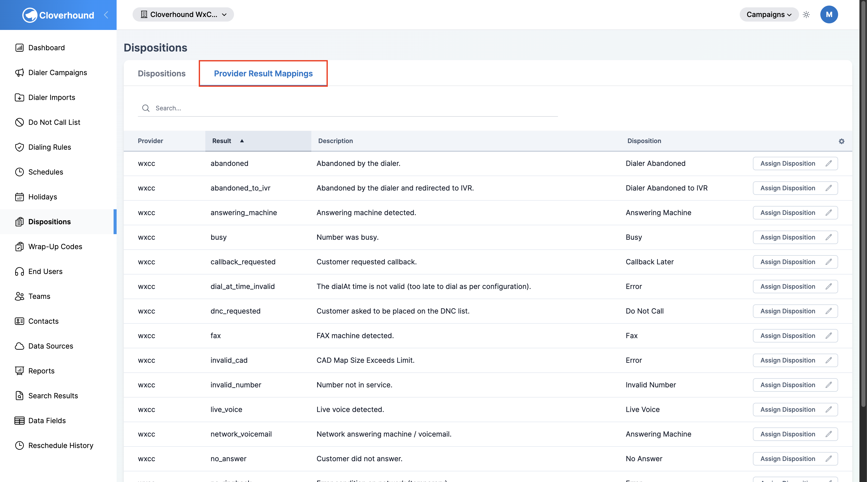 Provider Result Mappings tab on the Dispositions page