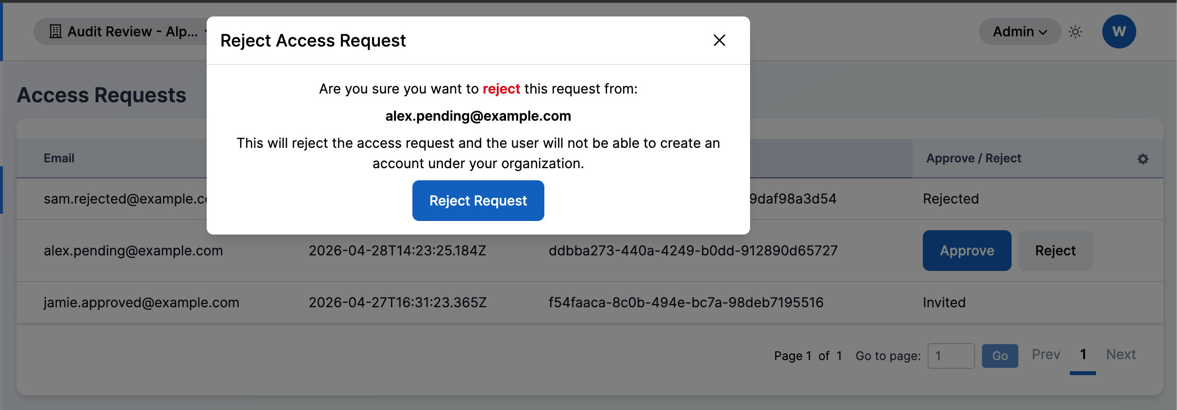 Reject Access Request confirmation modal