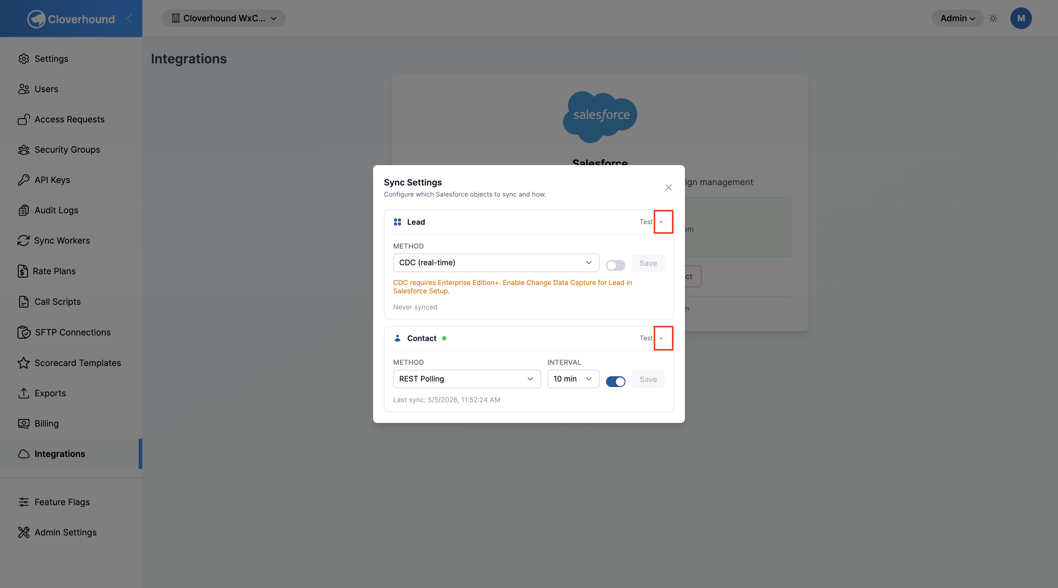 Remove icon on an Org Sync row