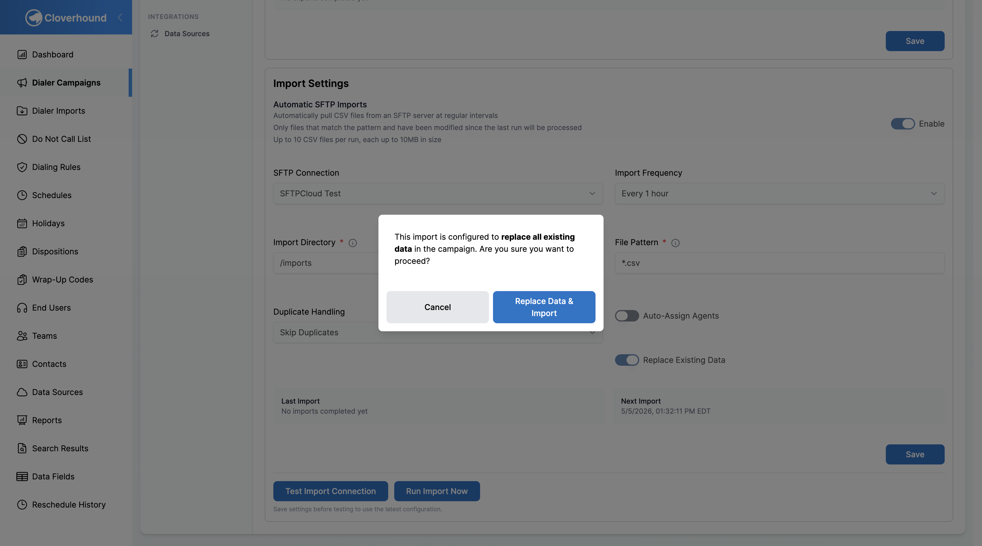 Replace Existing Data confirmation modal
