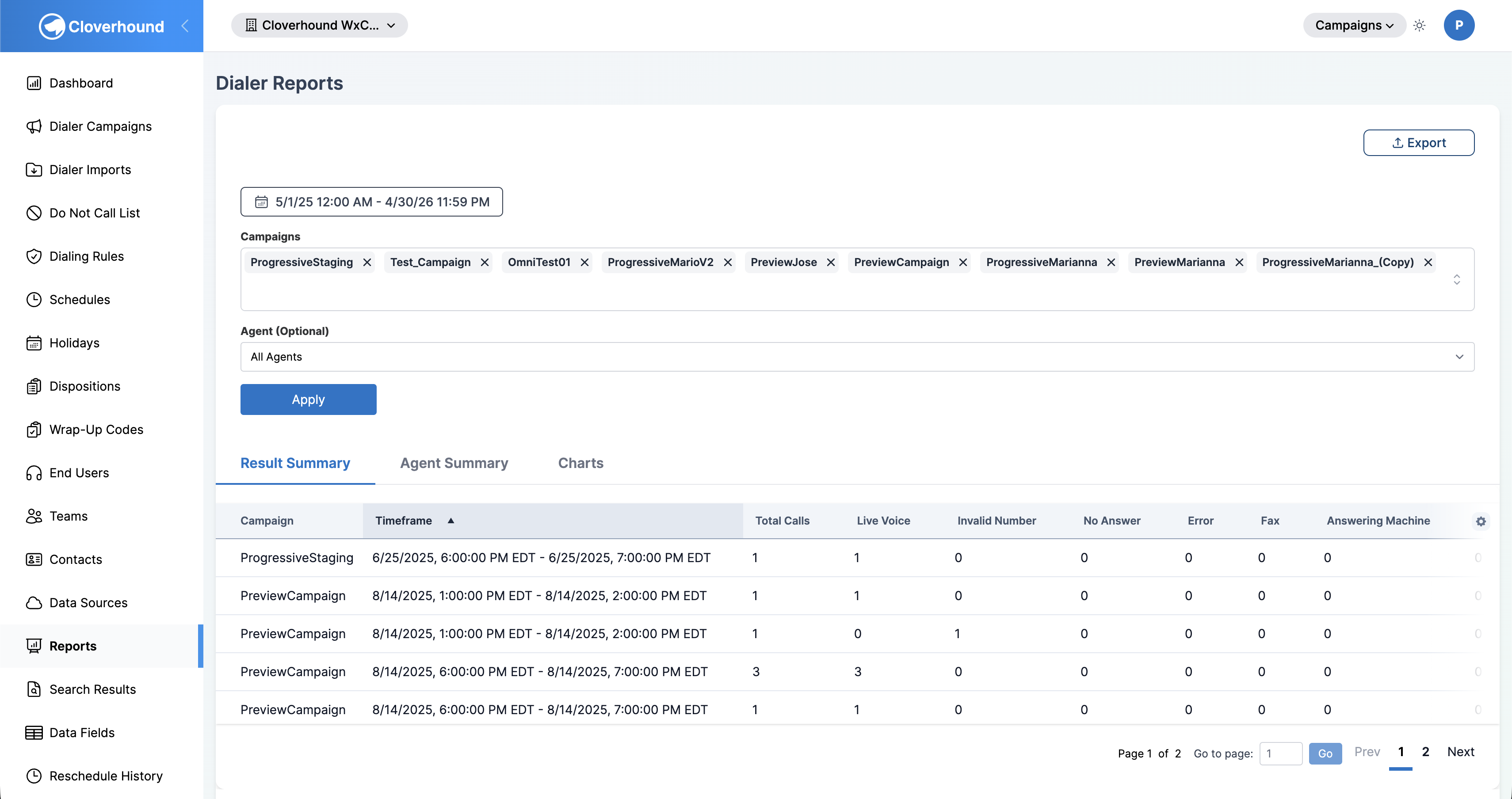 Dialer Reports page with tabs