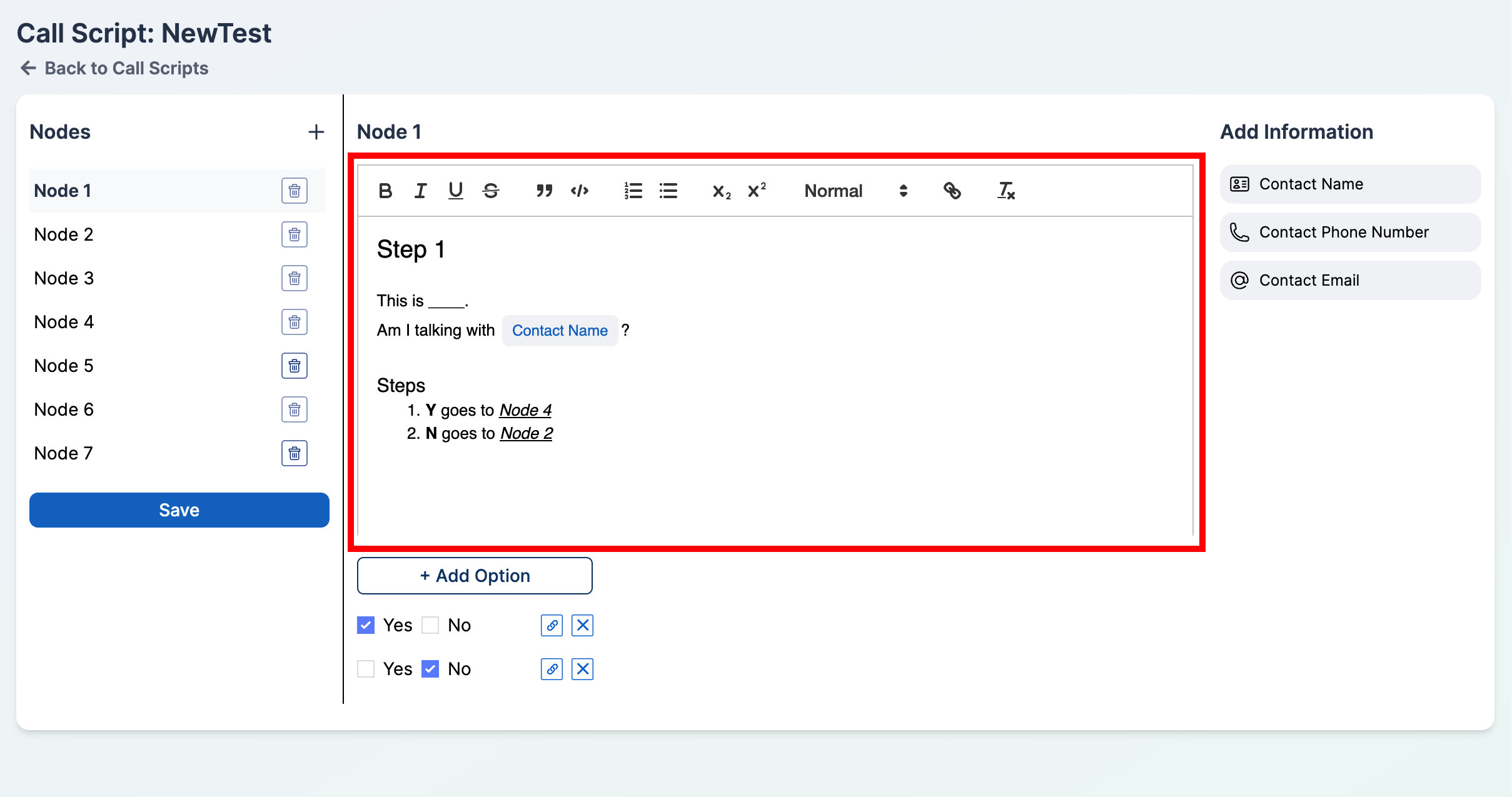 Rich-text toolbar above the node content editor