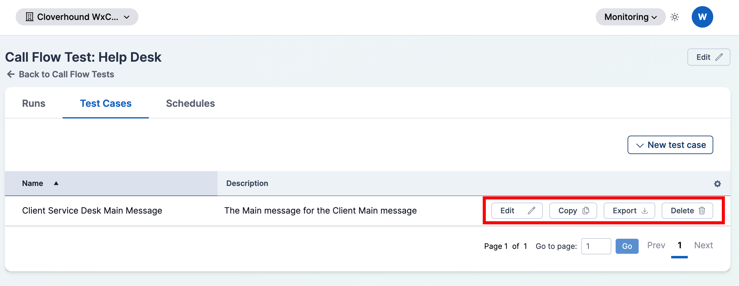 Test case row actions