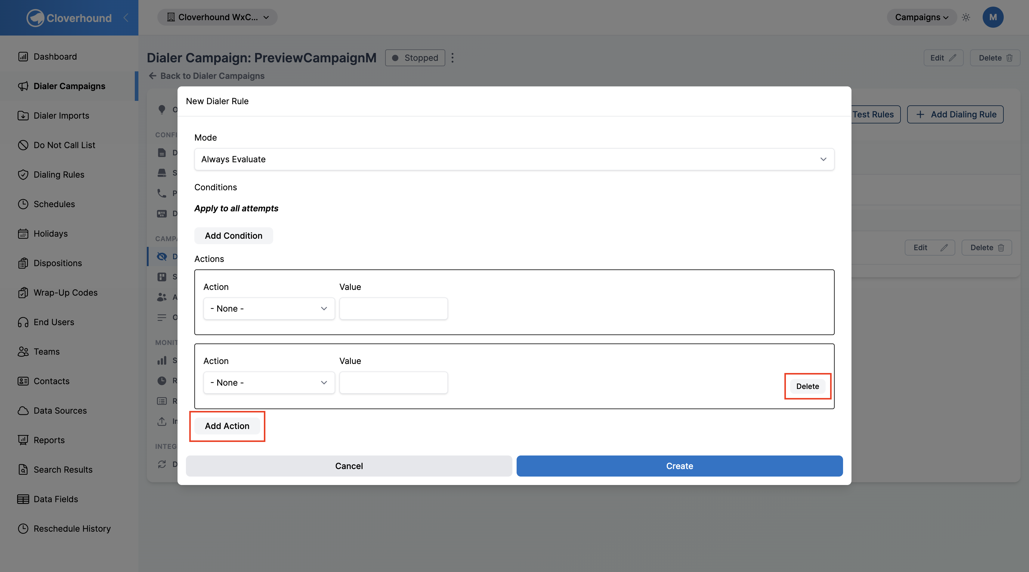 Actions section in the dialing rule form