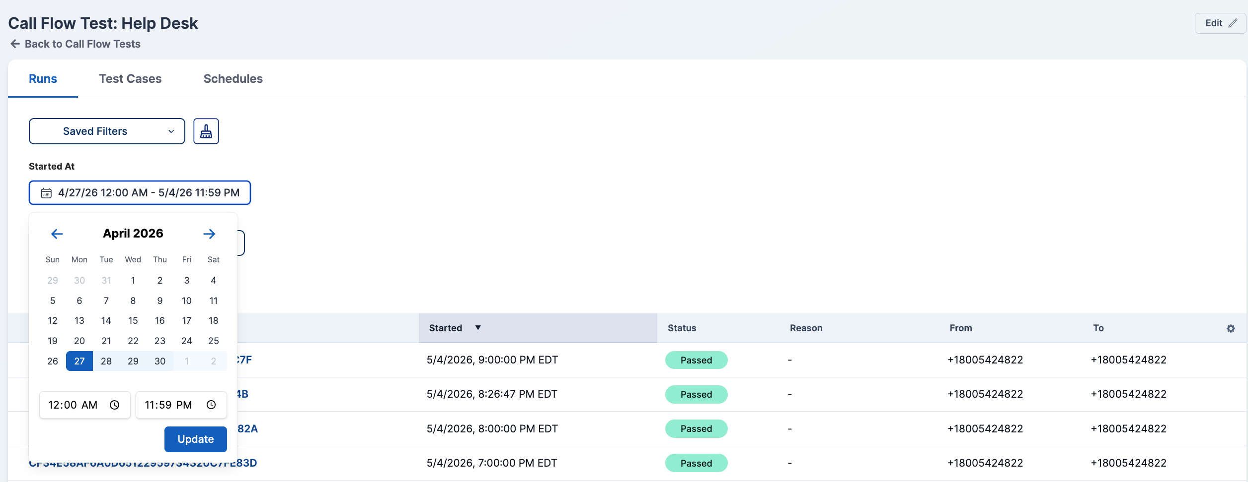 Started At date range filter above the Runs table