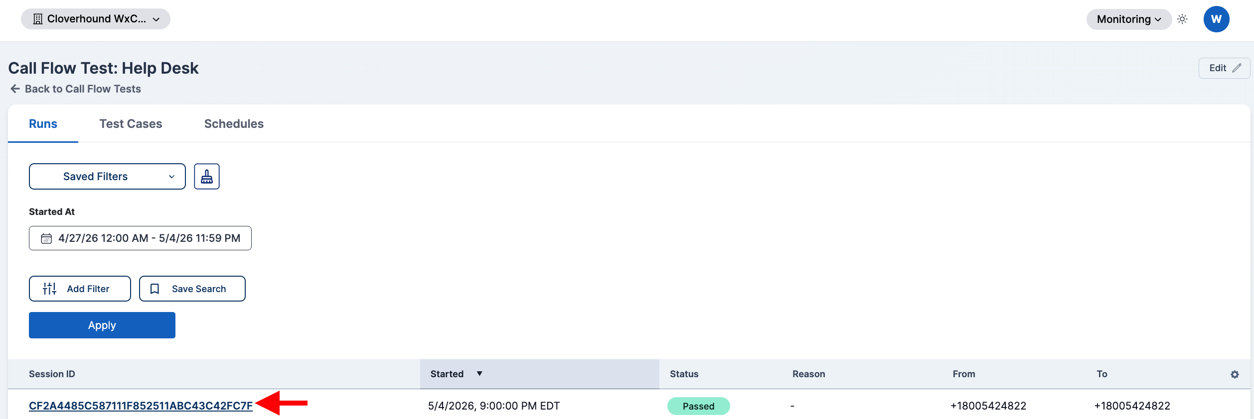 Session ID link opening the run detail page
