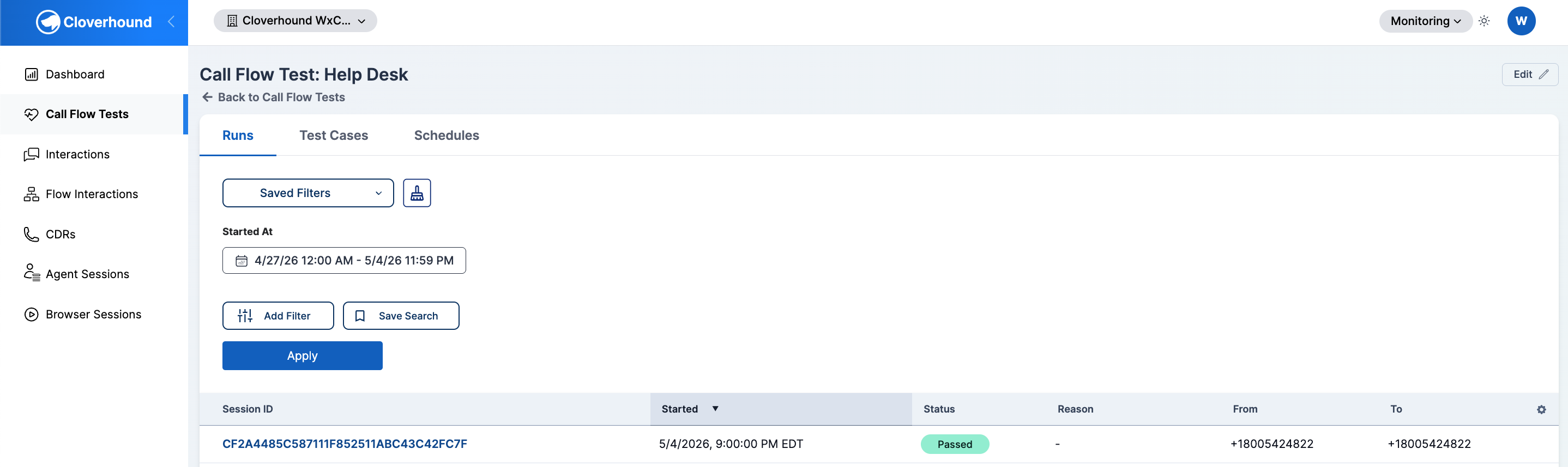 Runs tab on the Call Flow Test detail page