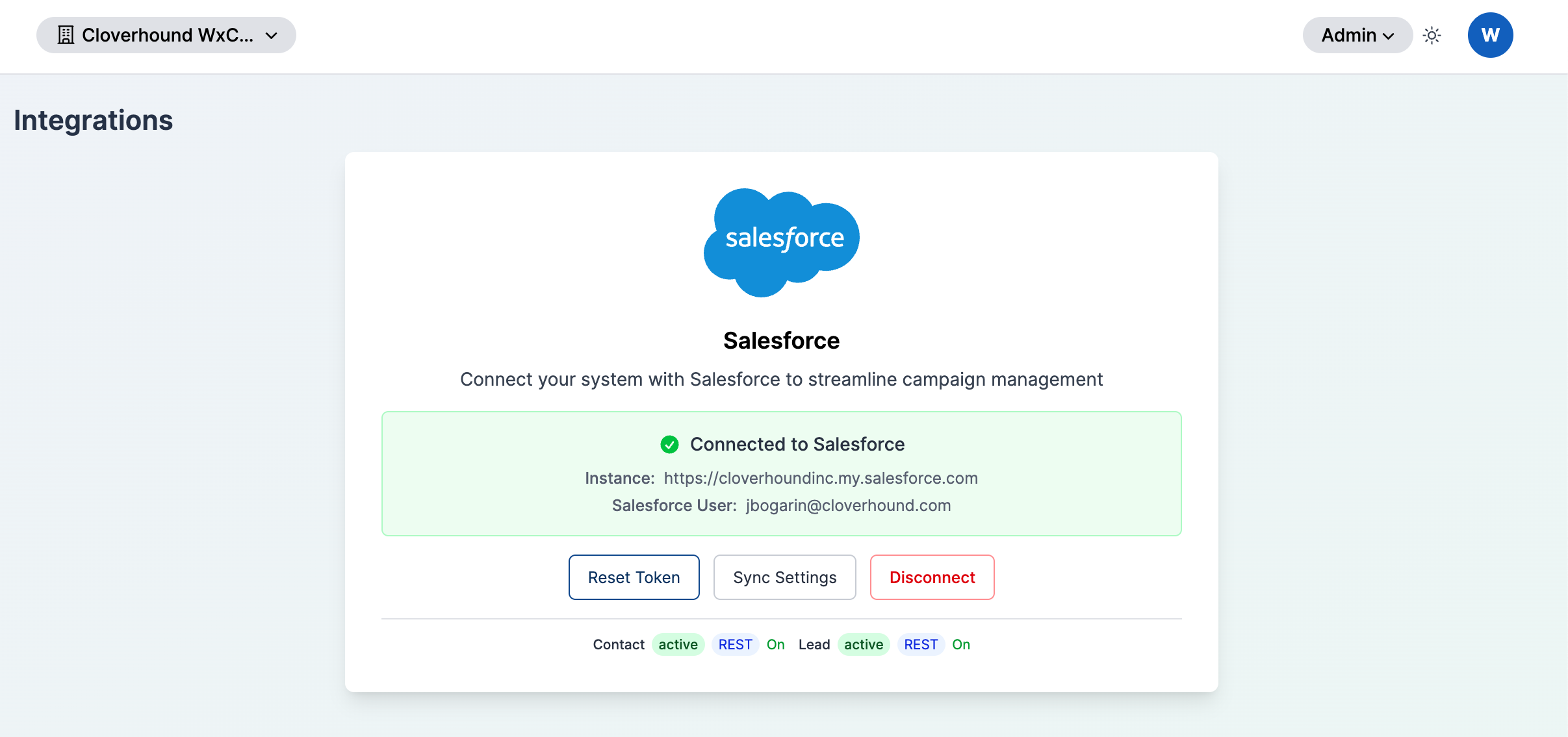 Connected to Salesforce panel showing instance URL and username