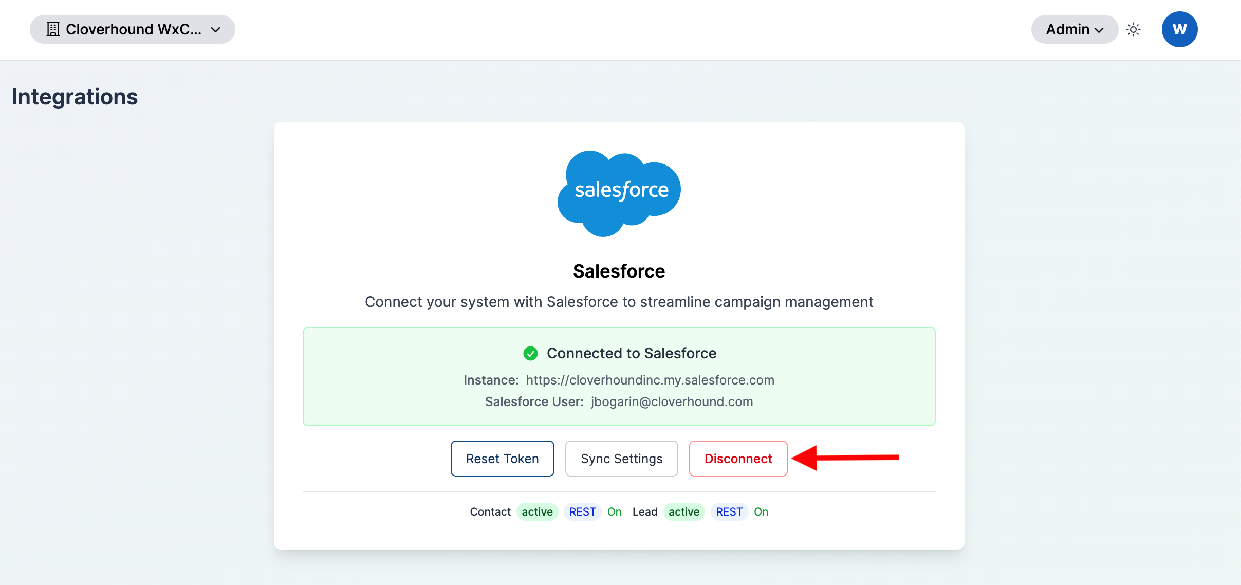Disconnect button on the connected Salesforce card