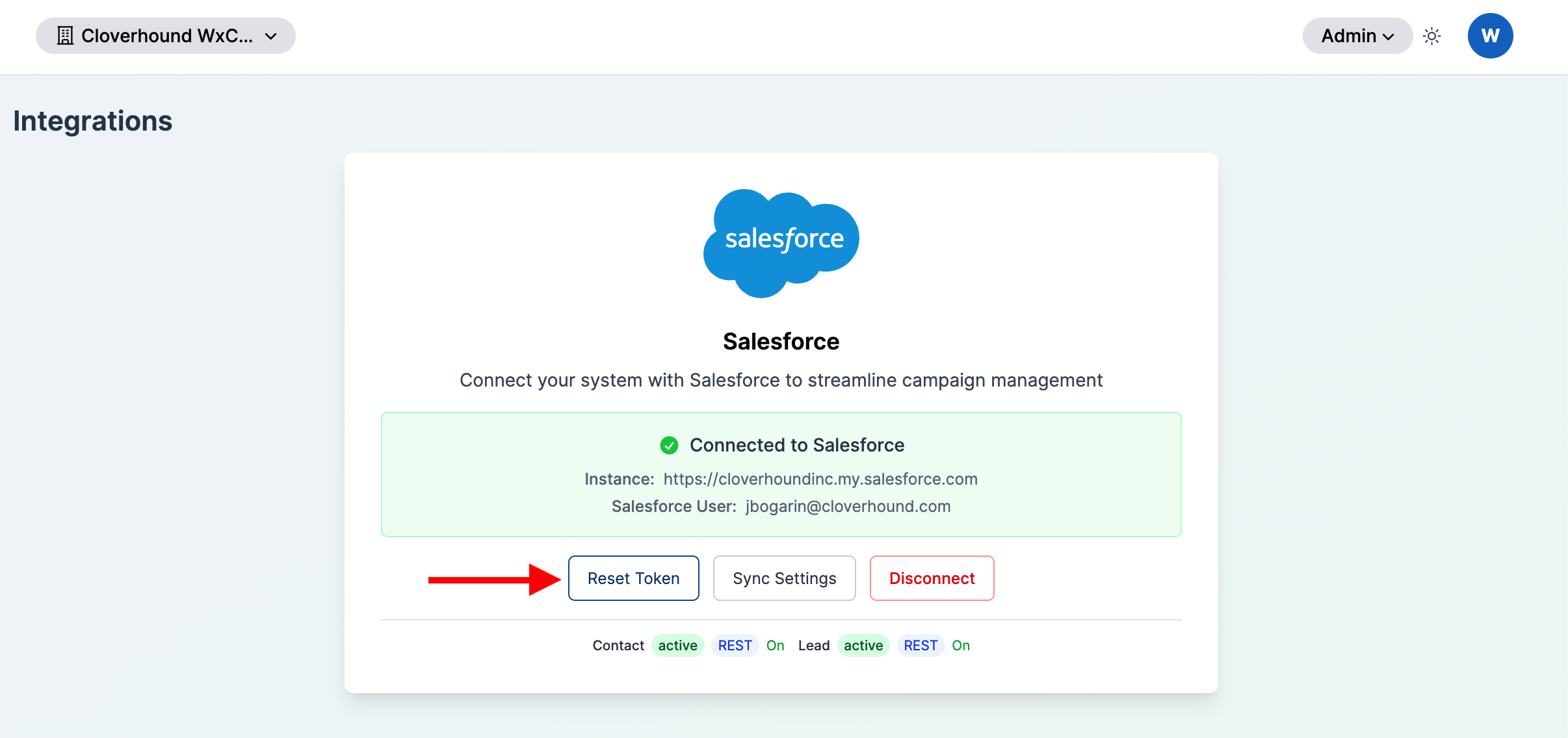 Reset Token button on the connected Salesforce card