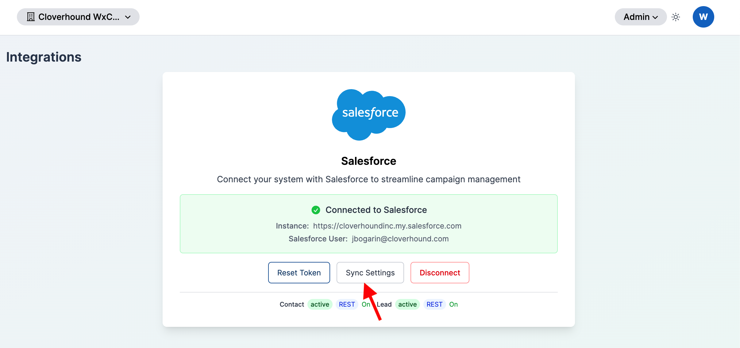 Sync Settings button on the connected Salesforce card