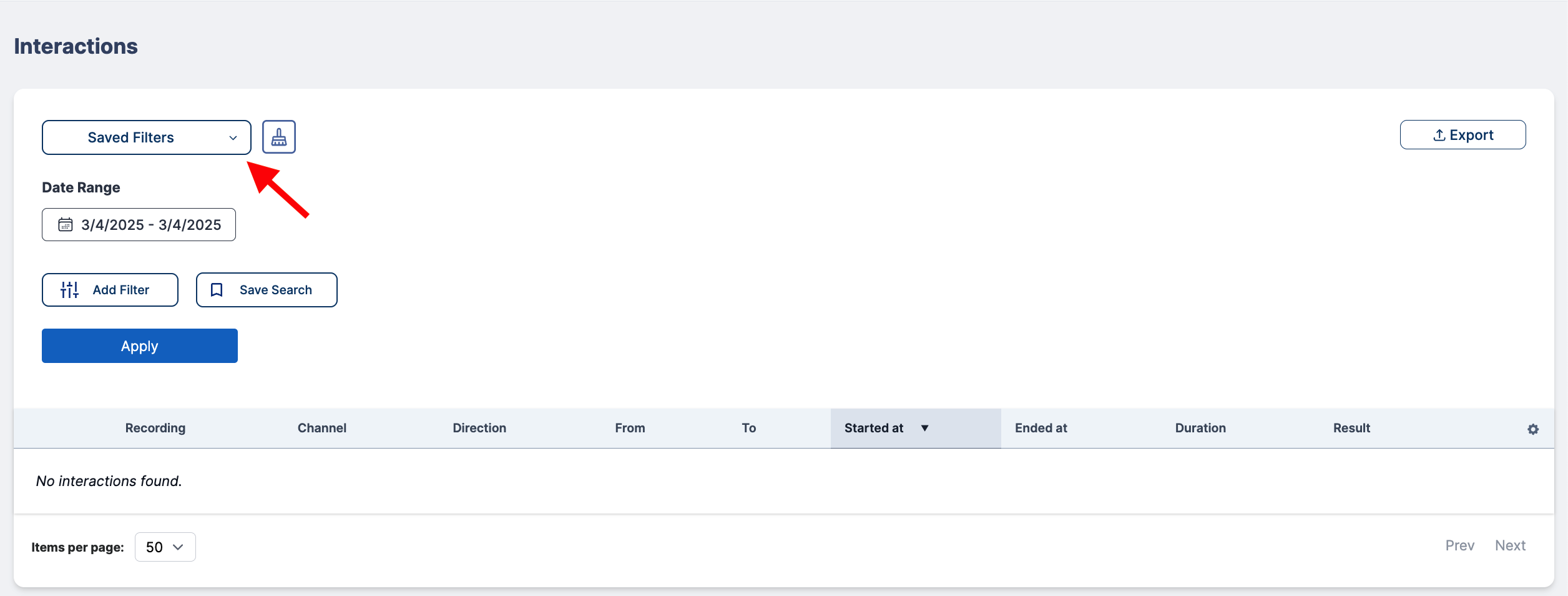 Interactions Table Save Filters Button