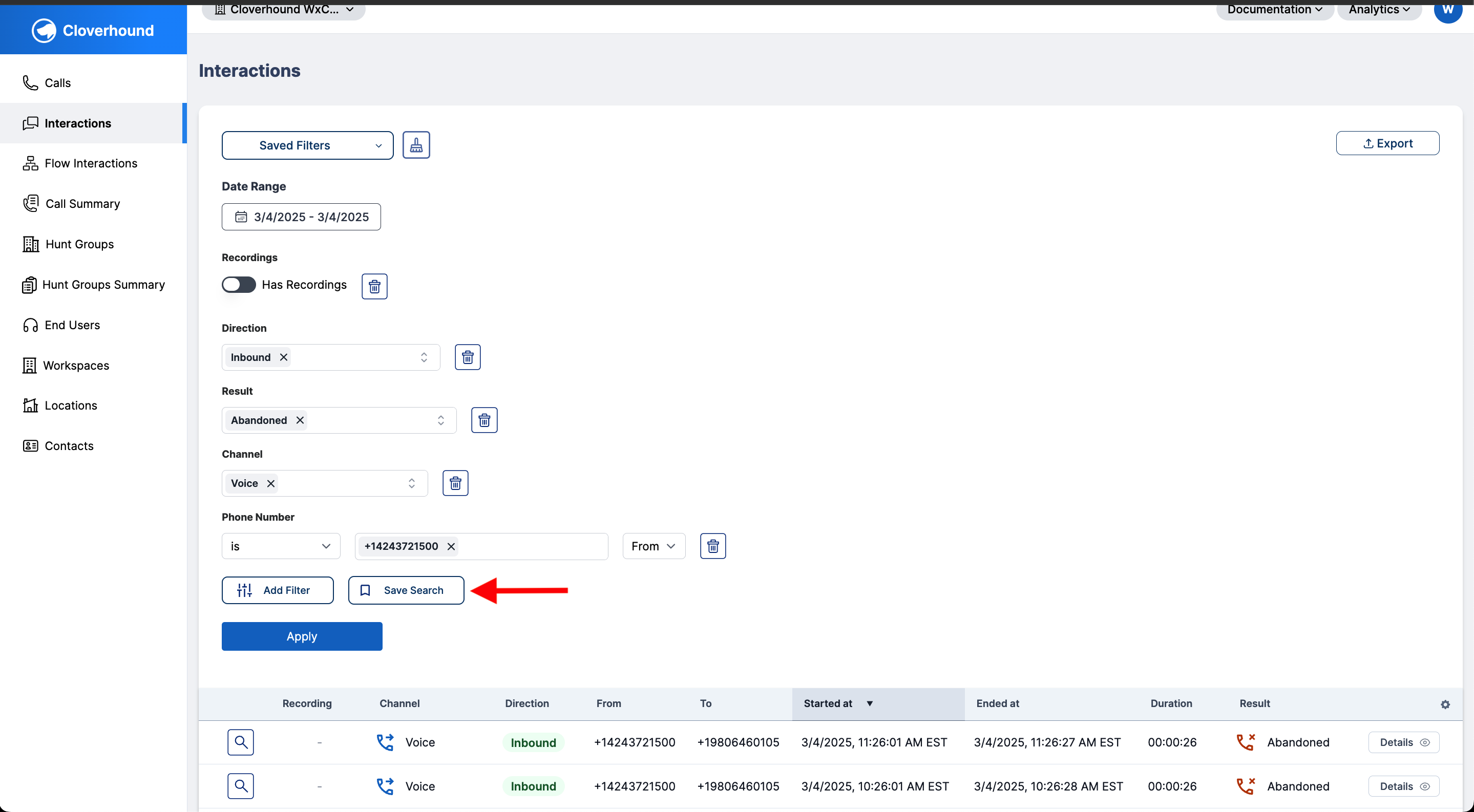 Interactions Table Save Search Button