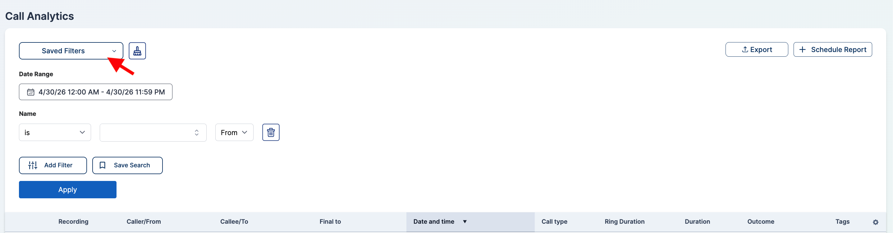 Saved Filters dropdown button