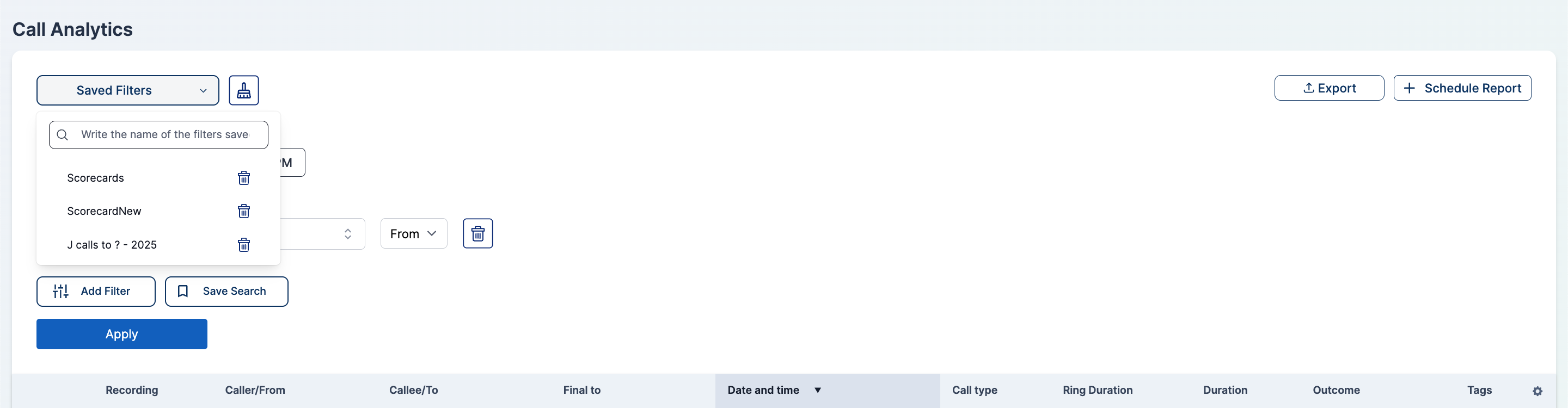 Saved Filters list with search field