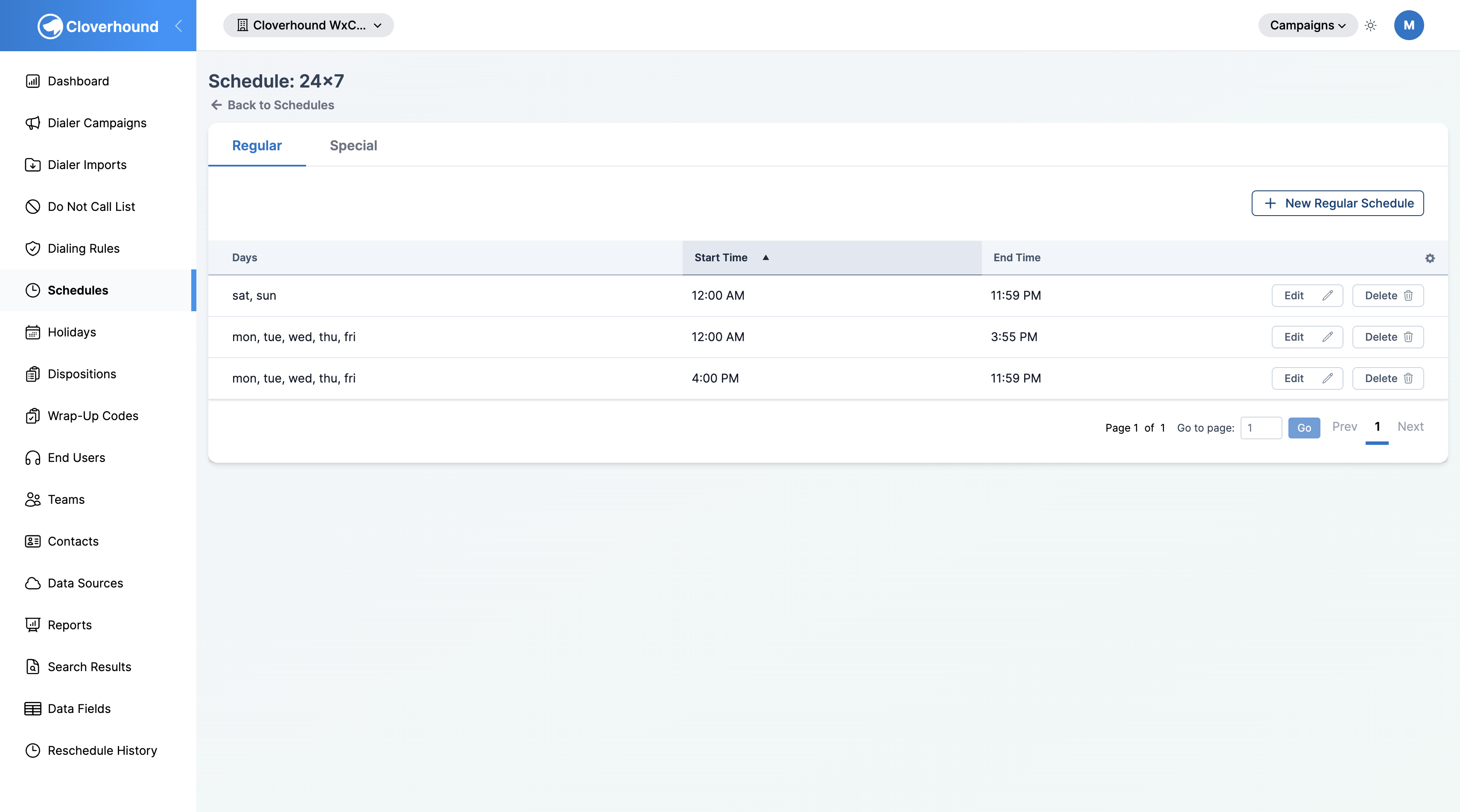 Schedule detail page with Regular and Special tabs