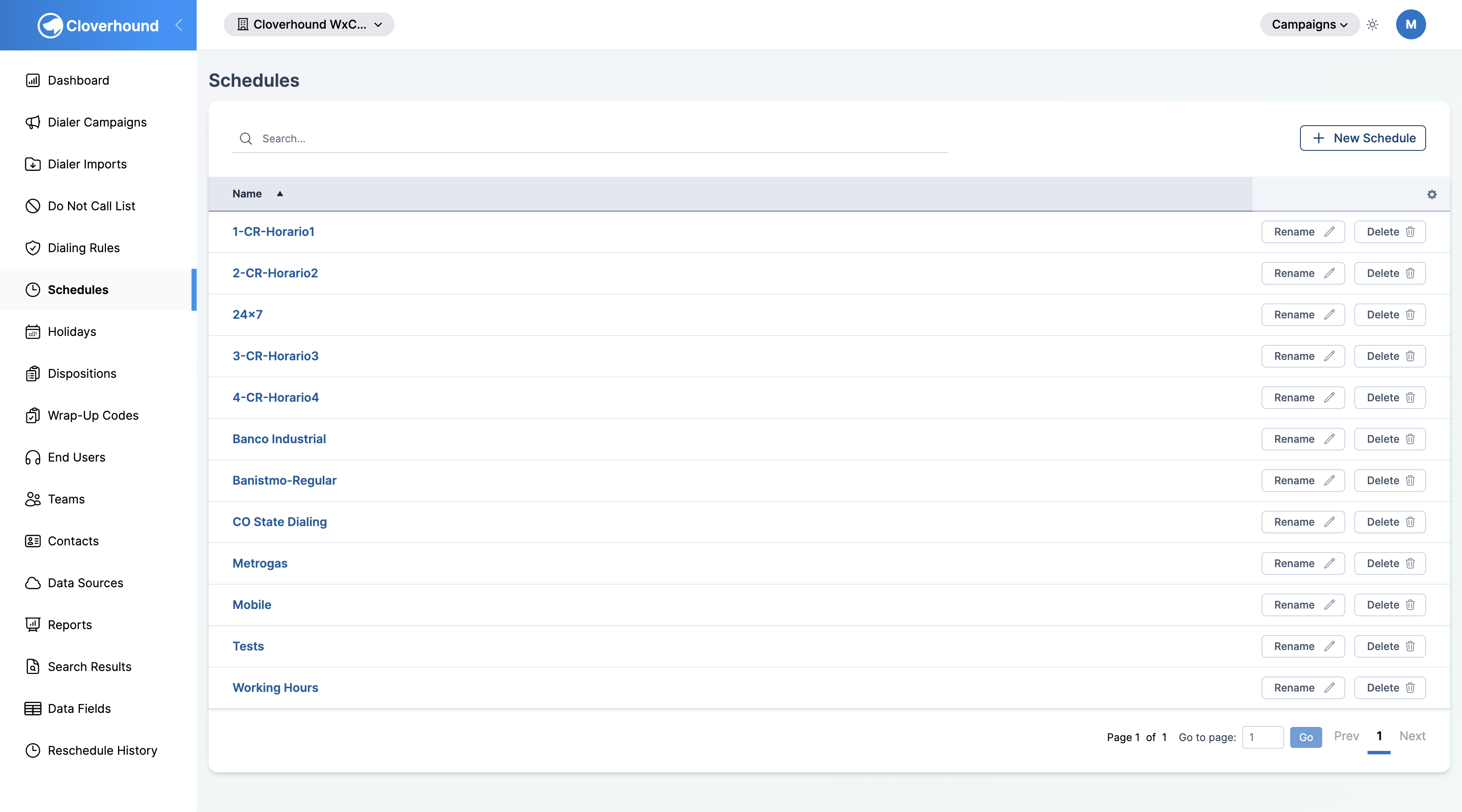 Schedules index page with the list of schedules