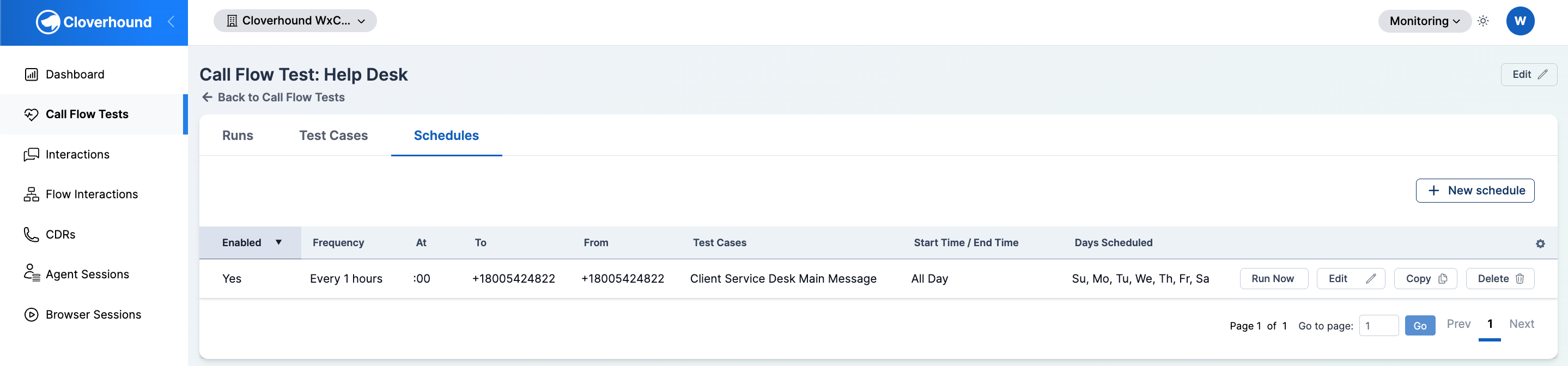 Schedules tab on the Application Test page