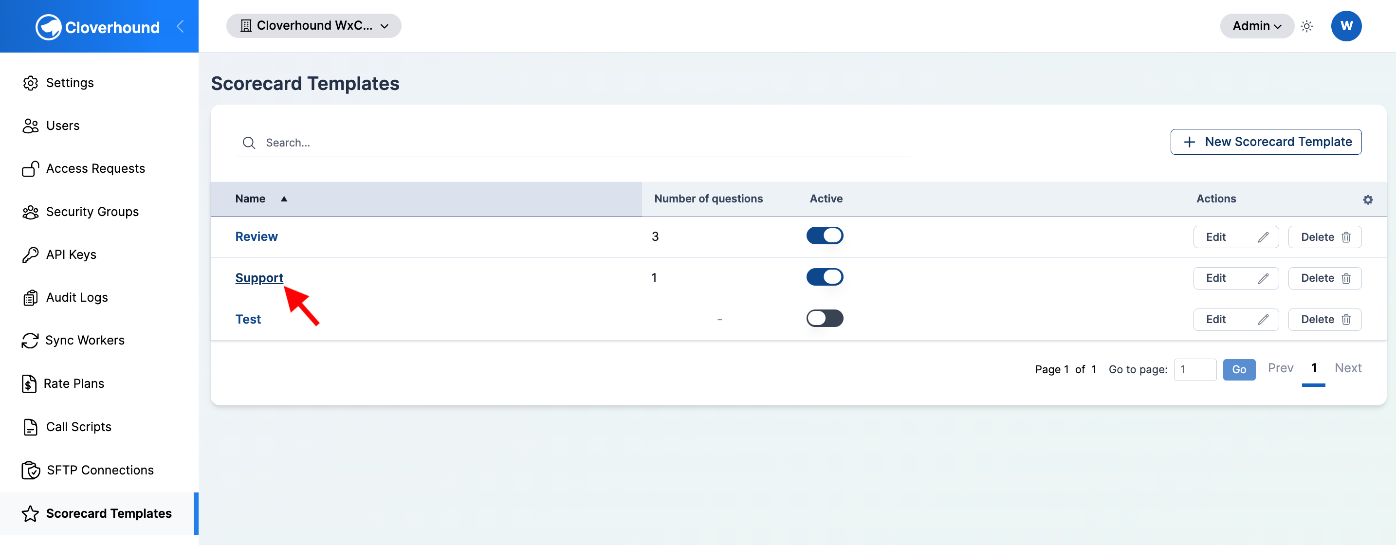 Scorecard Templates list with a template name linked