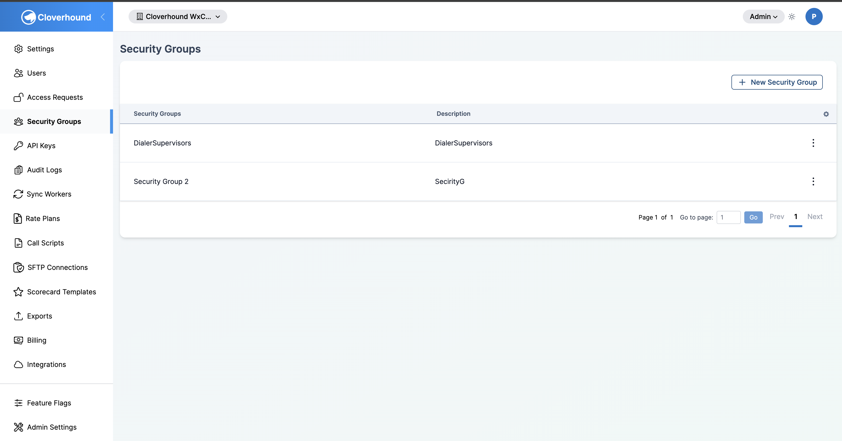 Security Groups index page