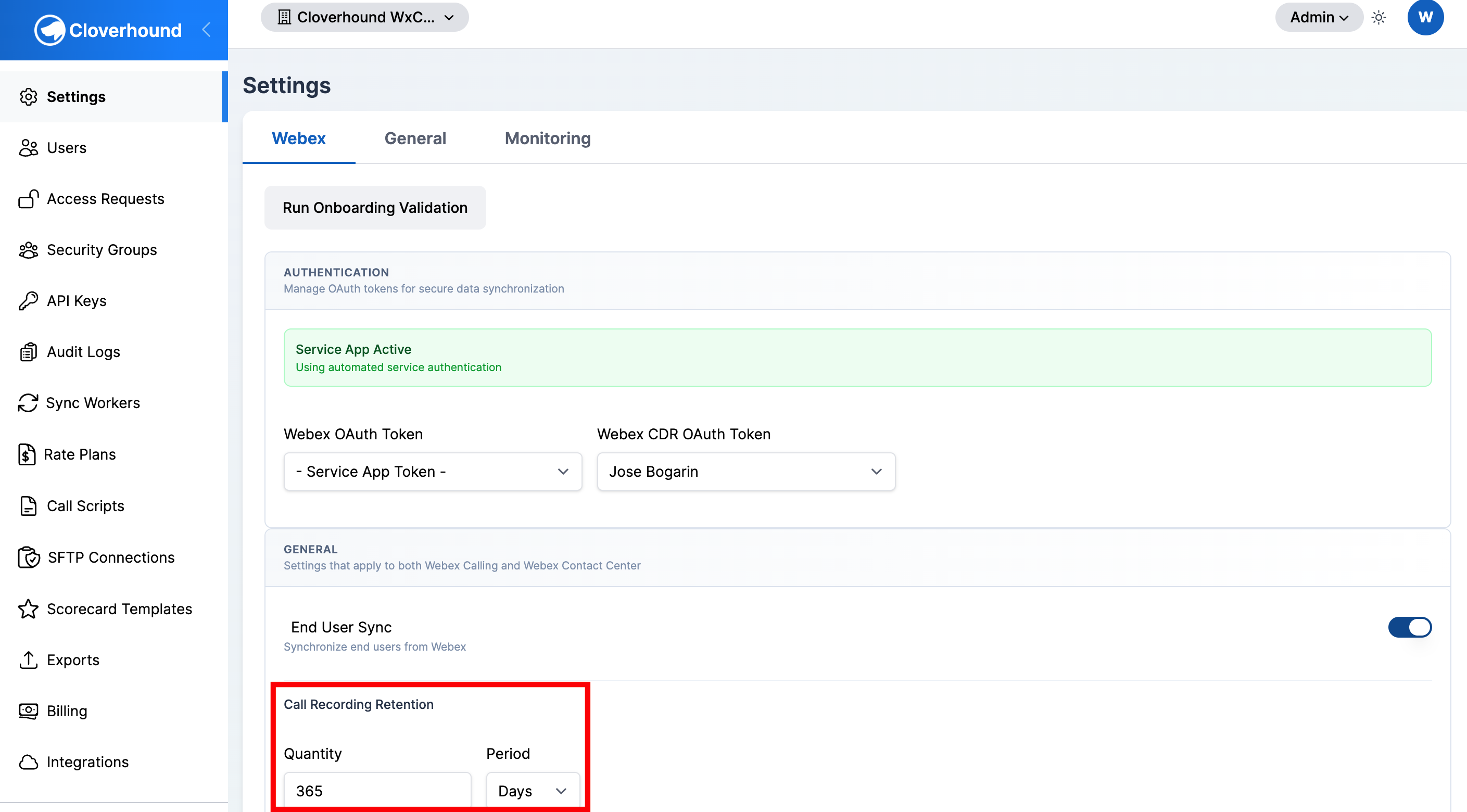Call Recording Retention fields on the Settings page
