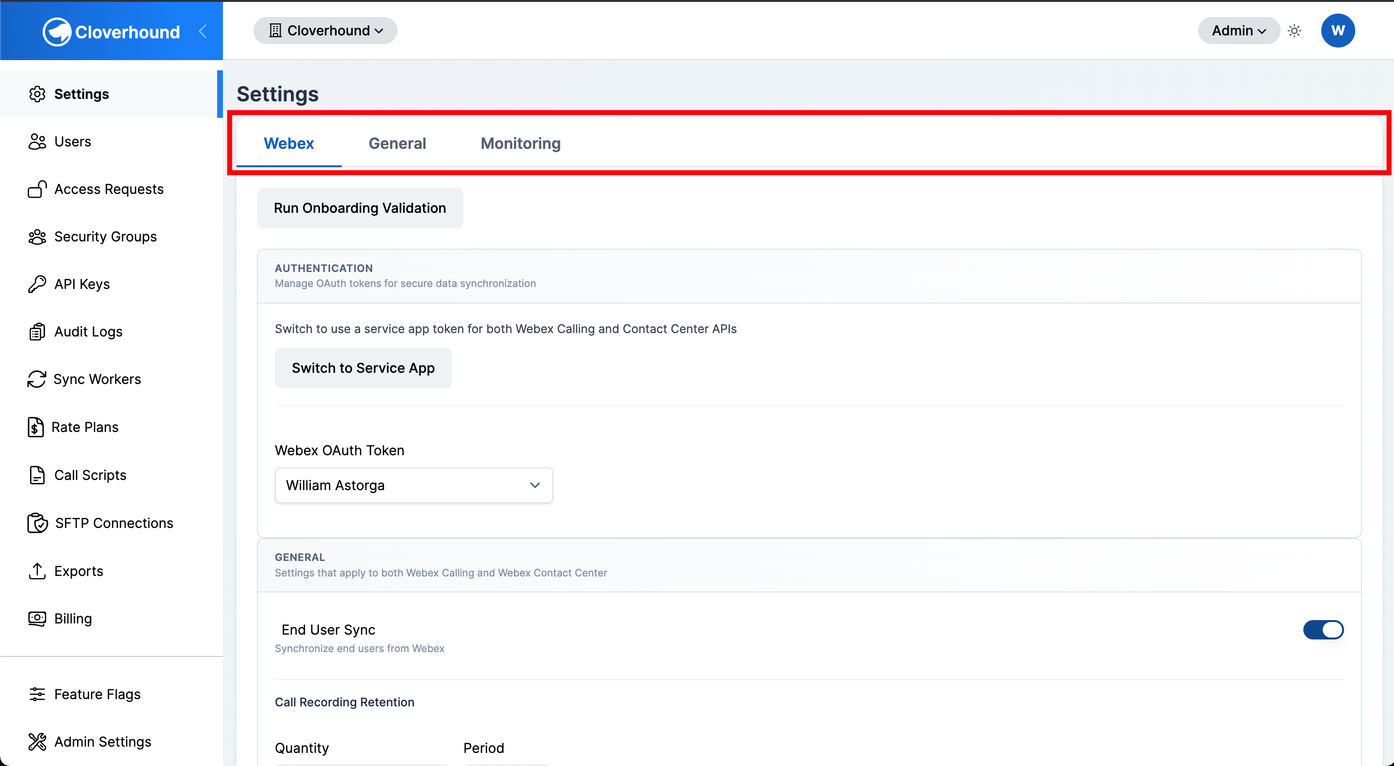 Settings page with Webex, General, and Monitoring tabs