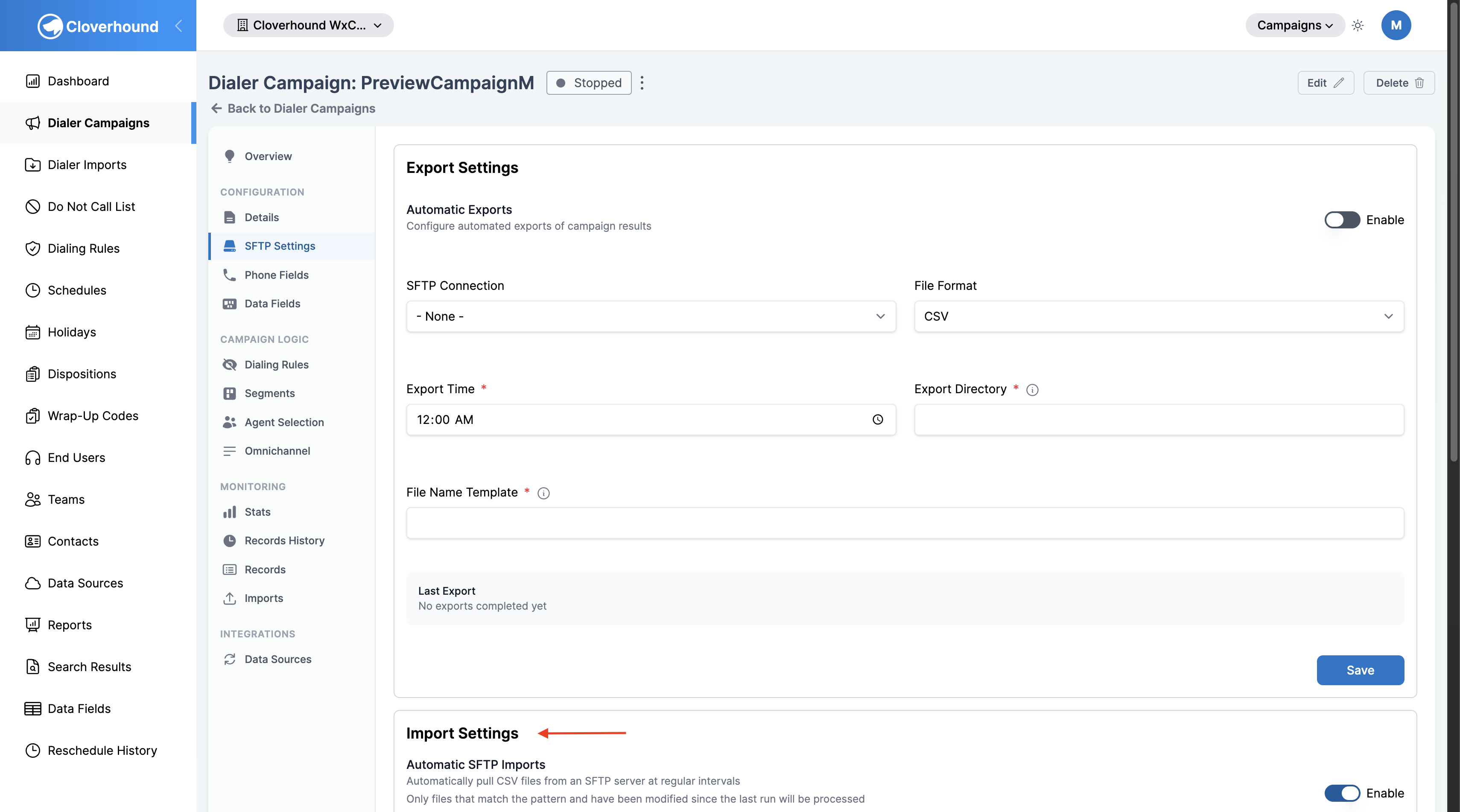 SFTP Settings tab on a Dialer Campaign