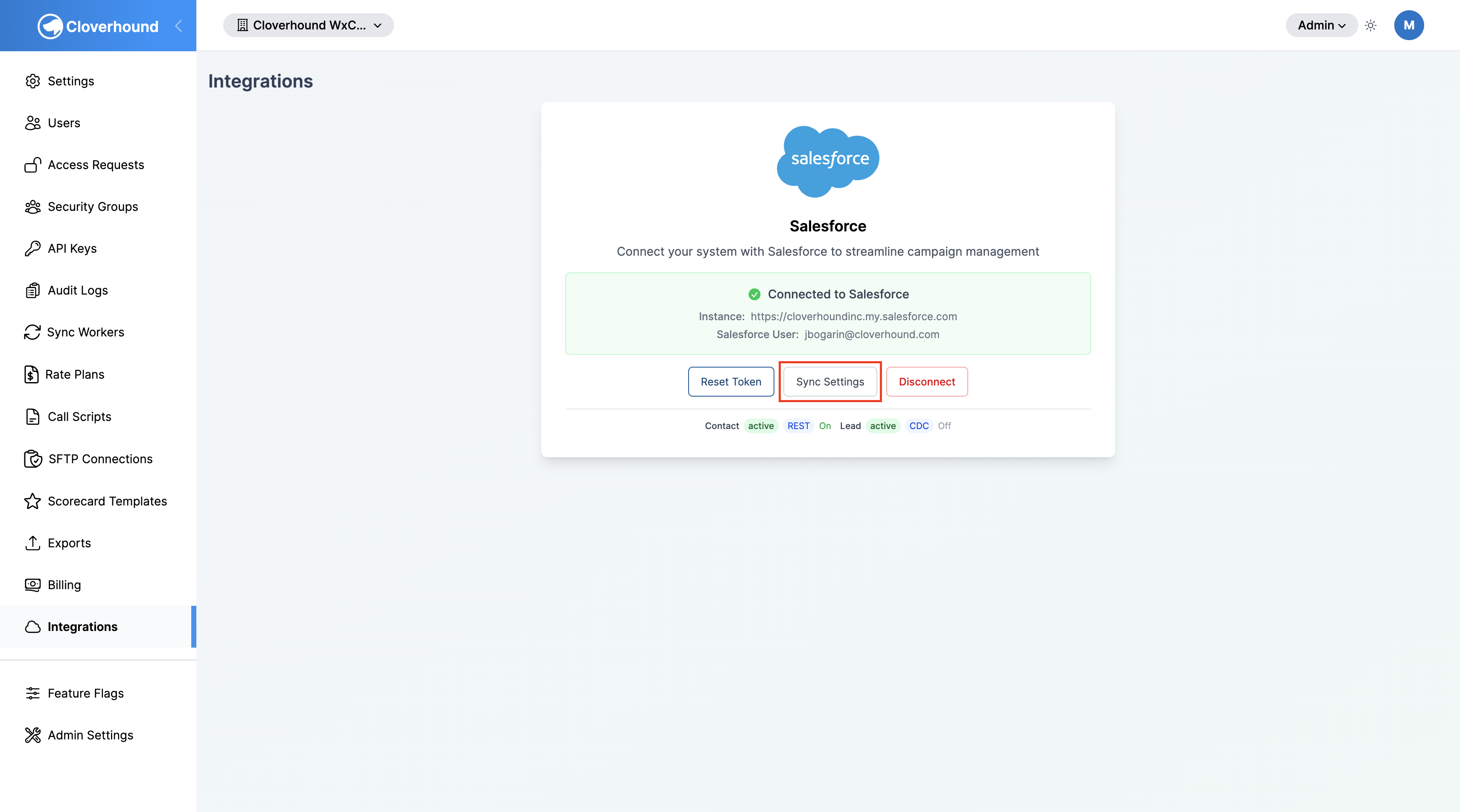 Sync Settings button on the connected Salesforce card